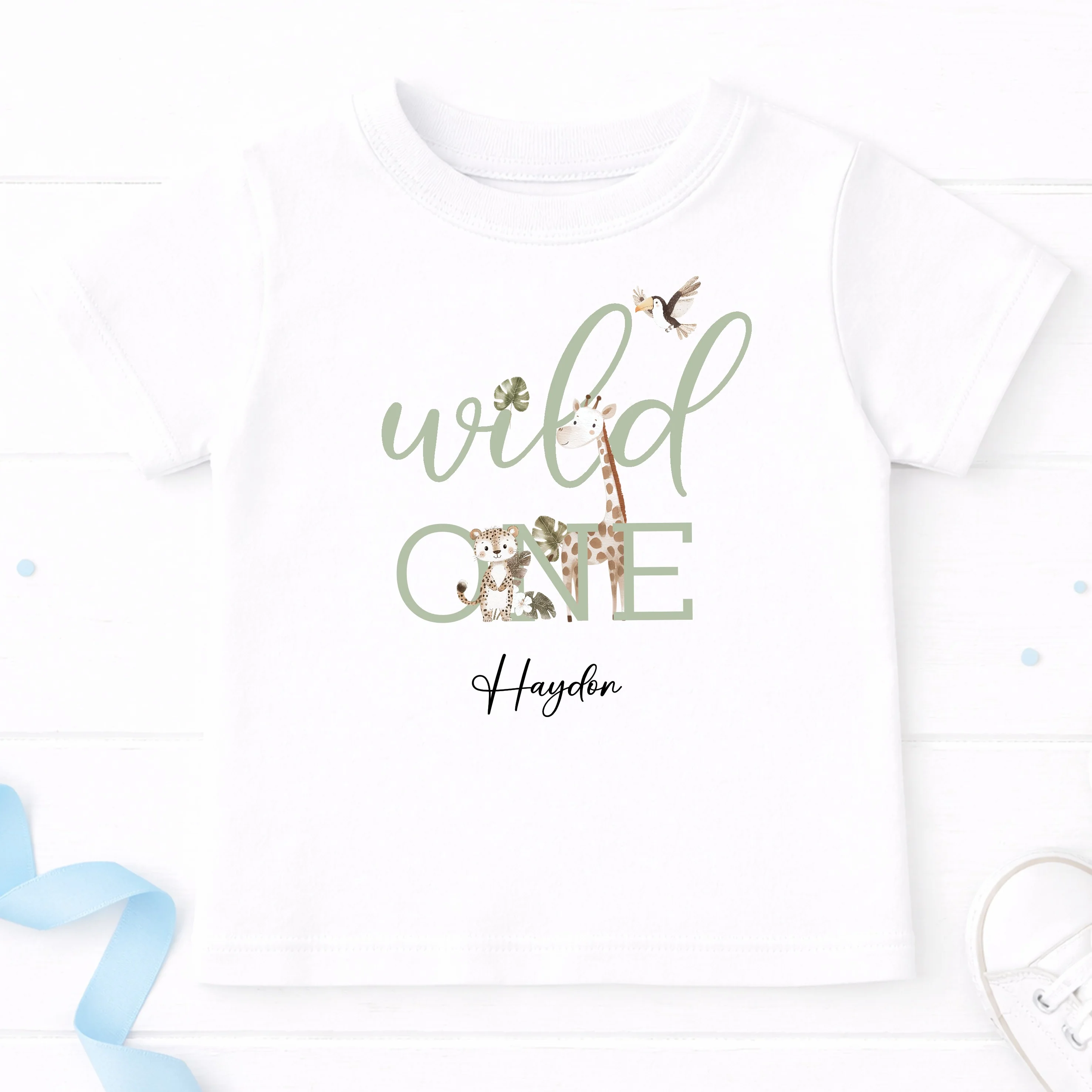 Personalised Sage Green Wild One Safari First Birthday T-Shirt