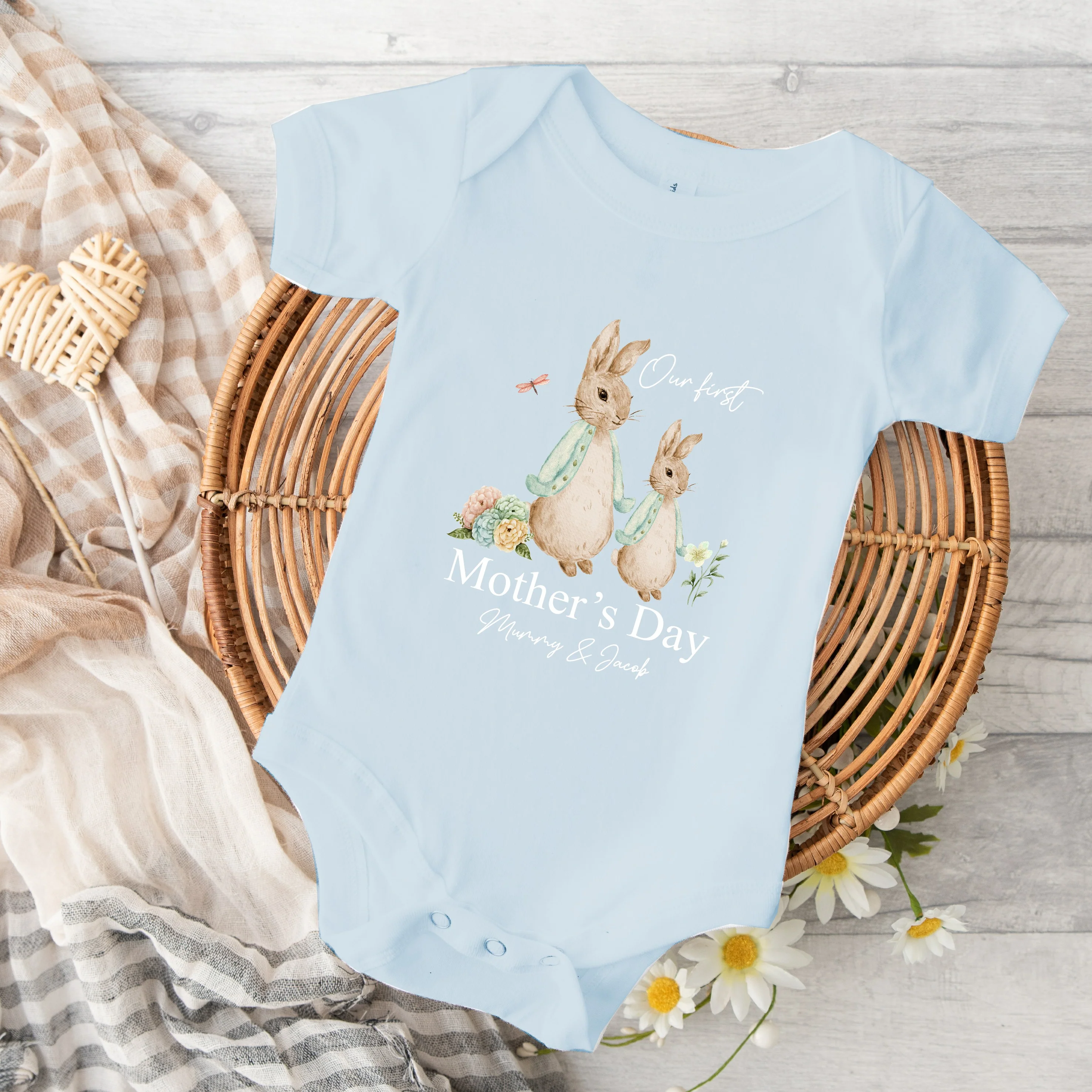 Personalised Sage Rabbits Our First Mother's Day Baby Grow or Vest - Image 3