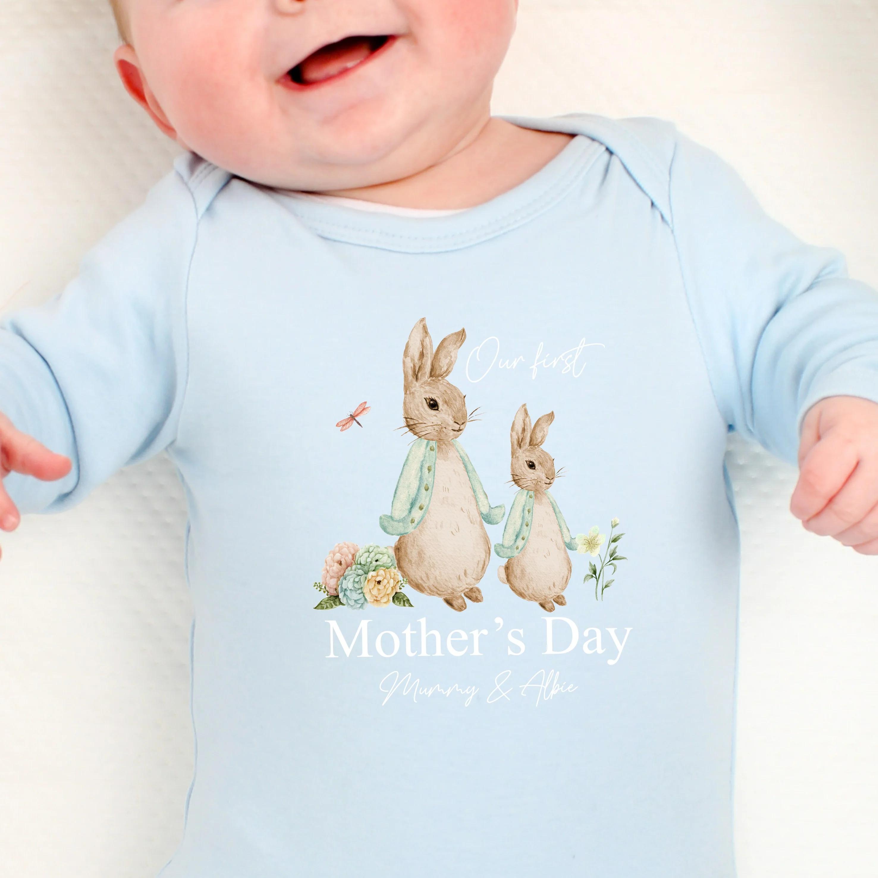 Personalised Sage Rabbits Our First Mother's Day Baby Grow or Vest - Image 4
