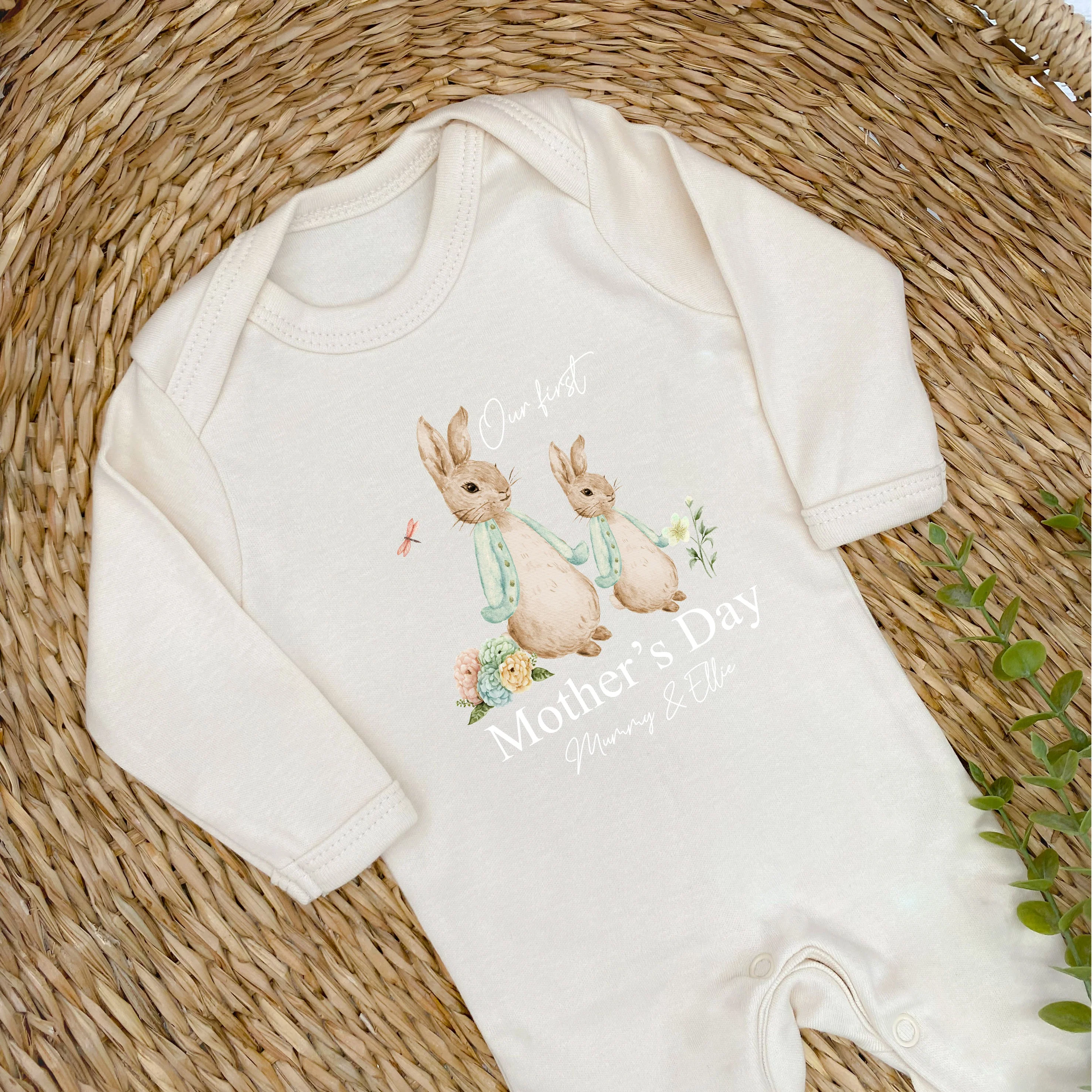 Personalised Sage Rabbits Our First Mother's Day Baby Grow or Vest - Image 5