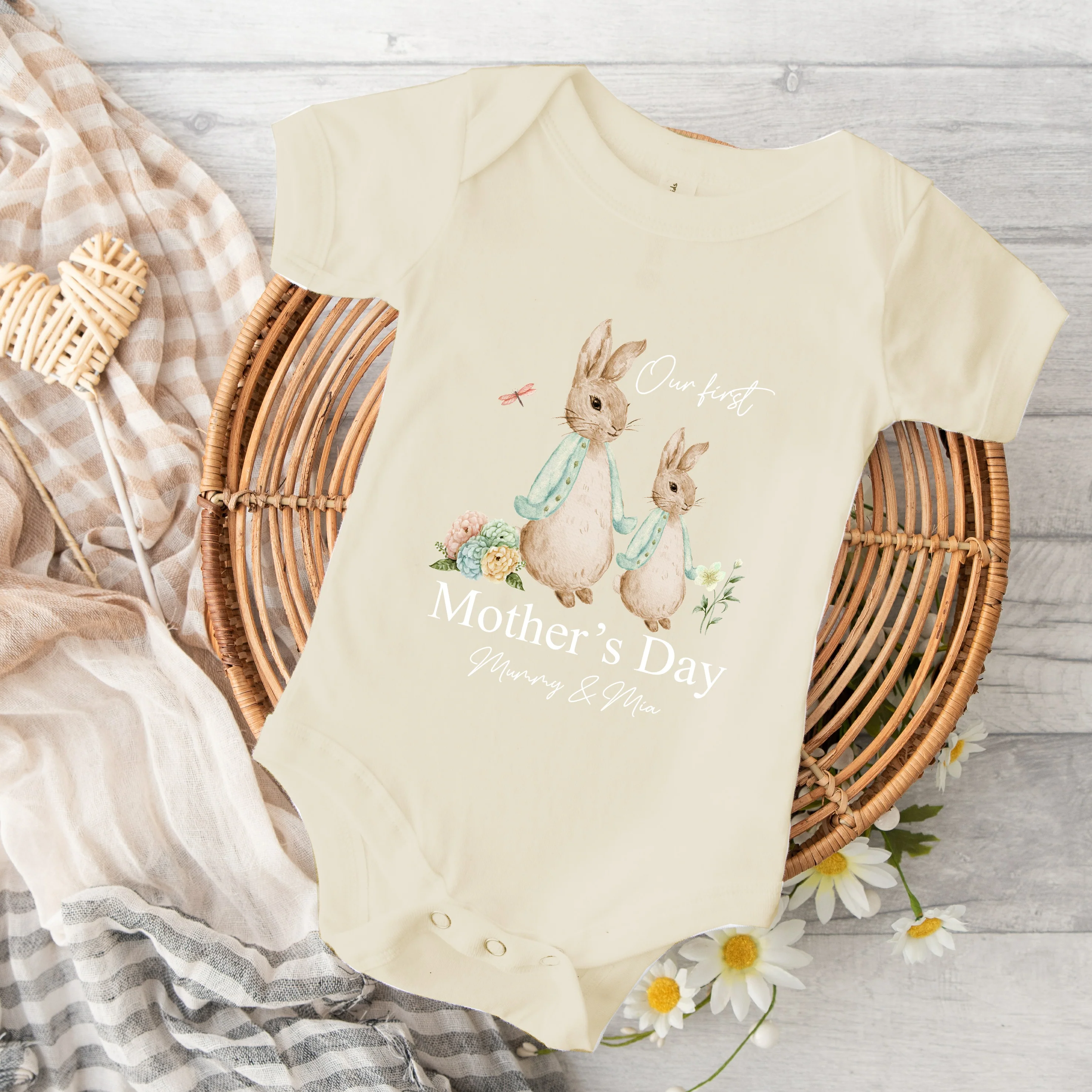 Personalised Sage Rabbits Our First Mother's Day Baby Grow or Vest - Image 6