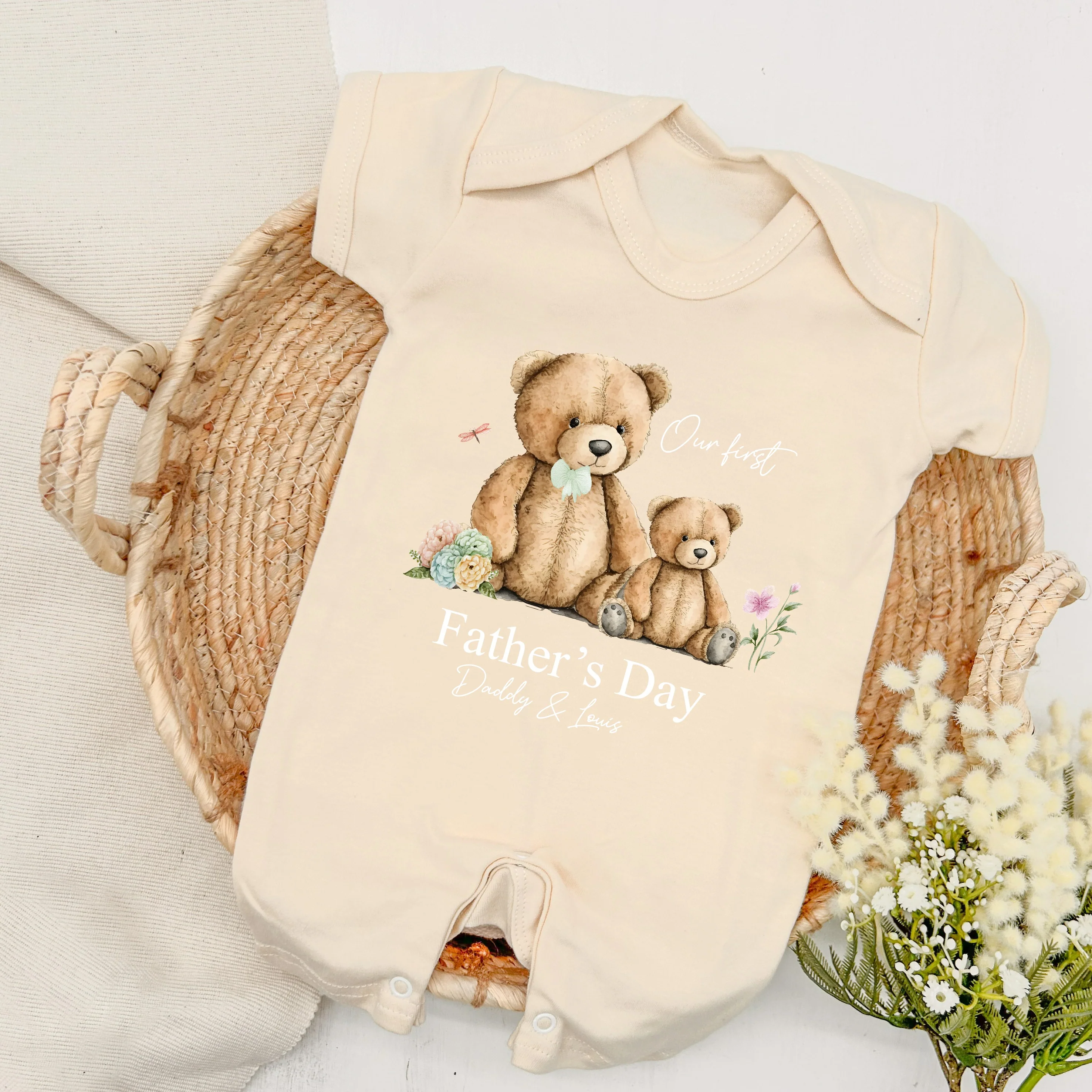Personalised Sage Teddy Bear Father's Day Romper