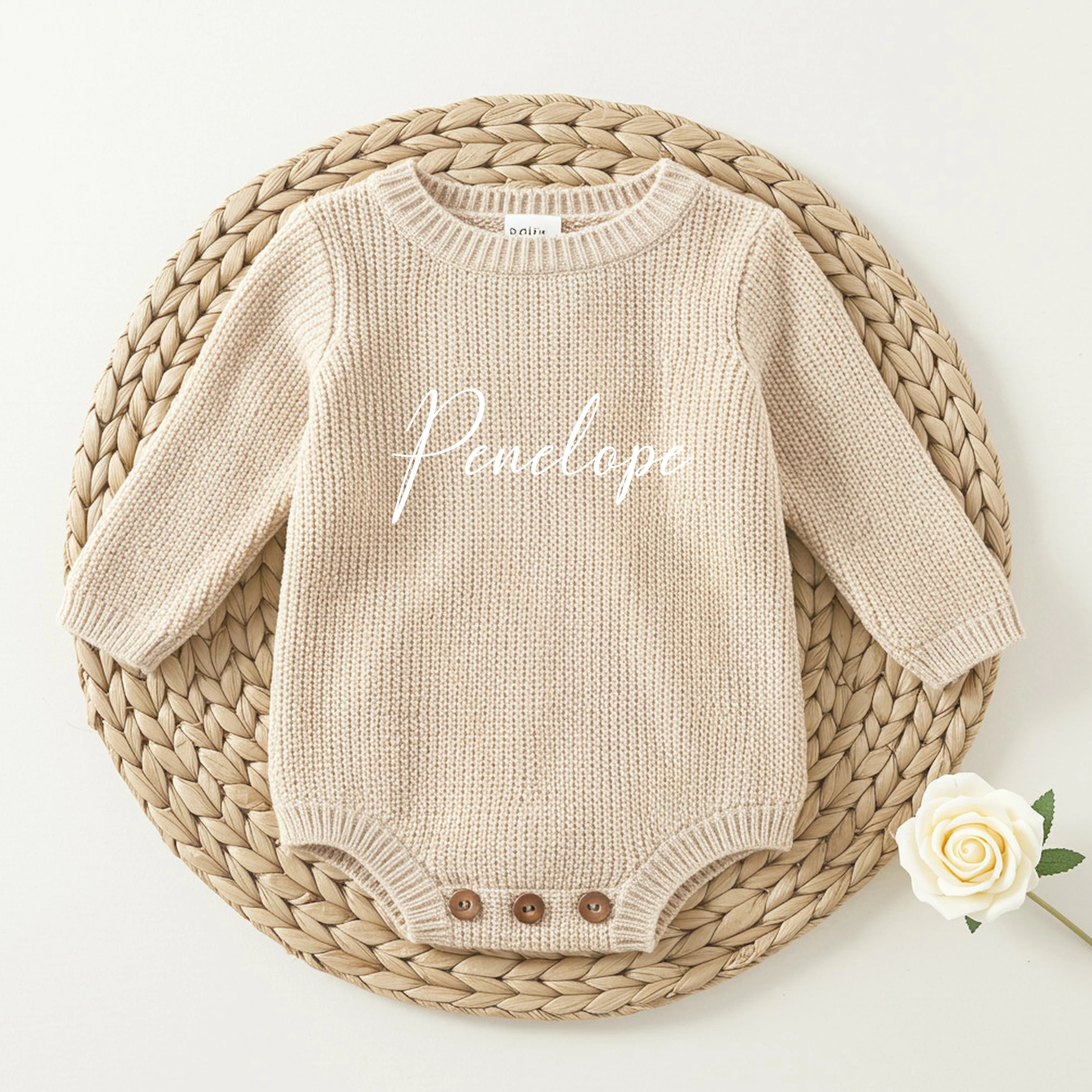 Personalised Script Name Embroidered Oversized Long Sleeve Knitted Romper - Image 2