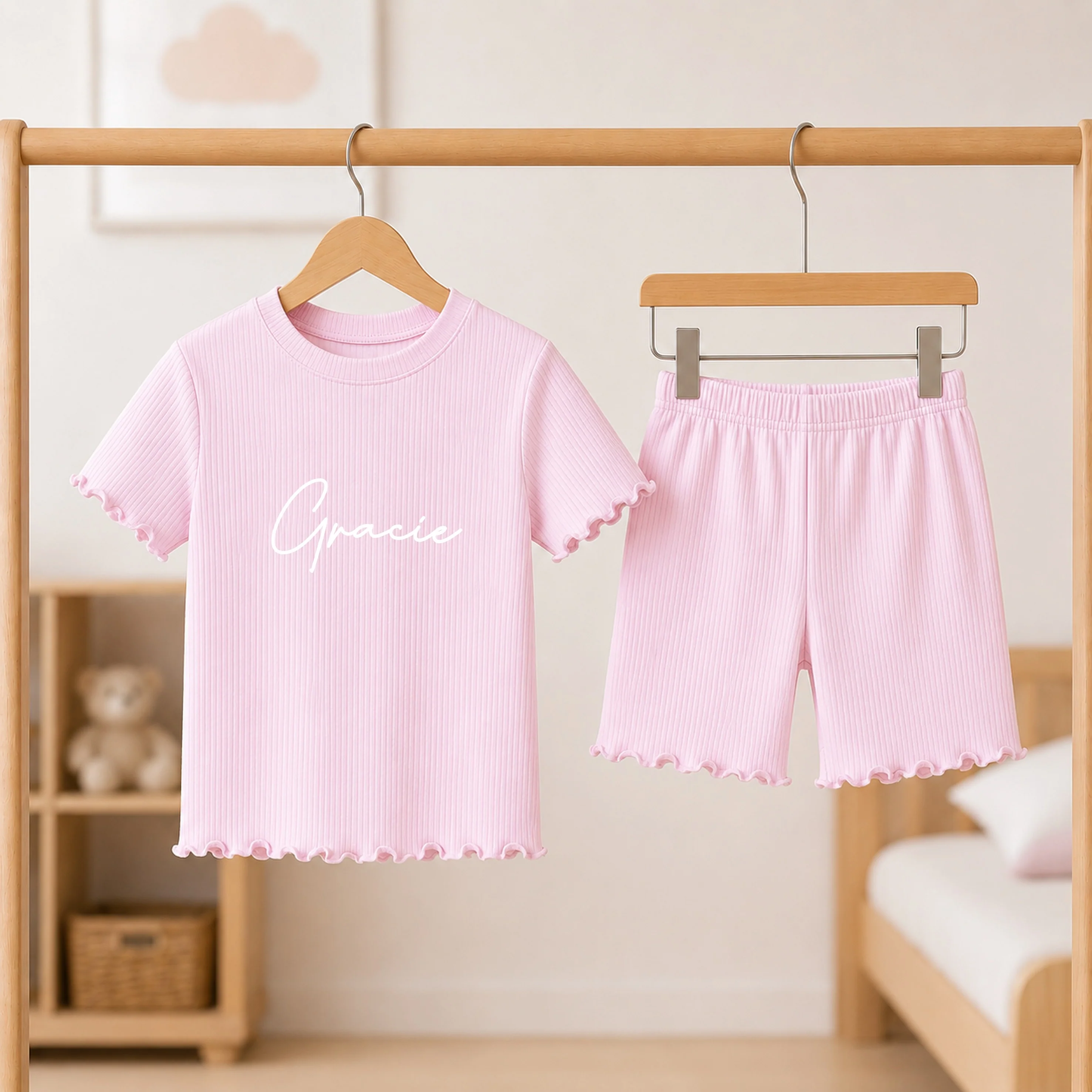 Personalised Script Name Girls Frilly Ribbed Shorts Set - Image 4