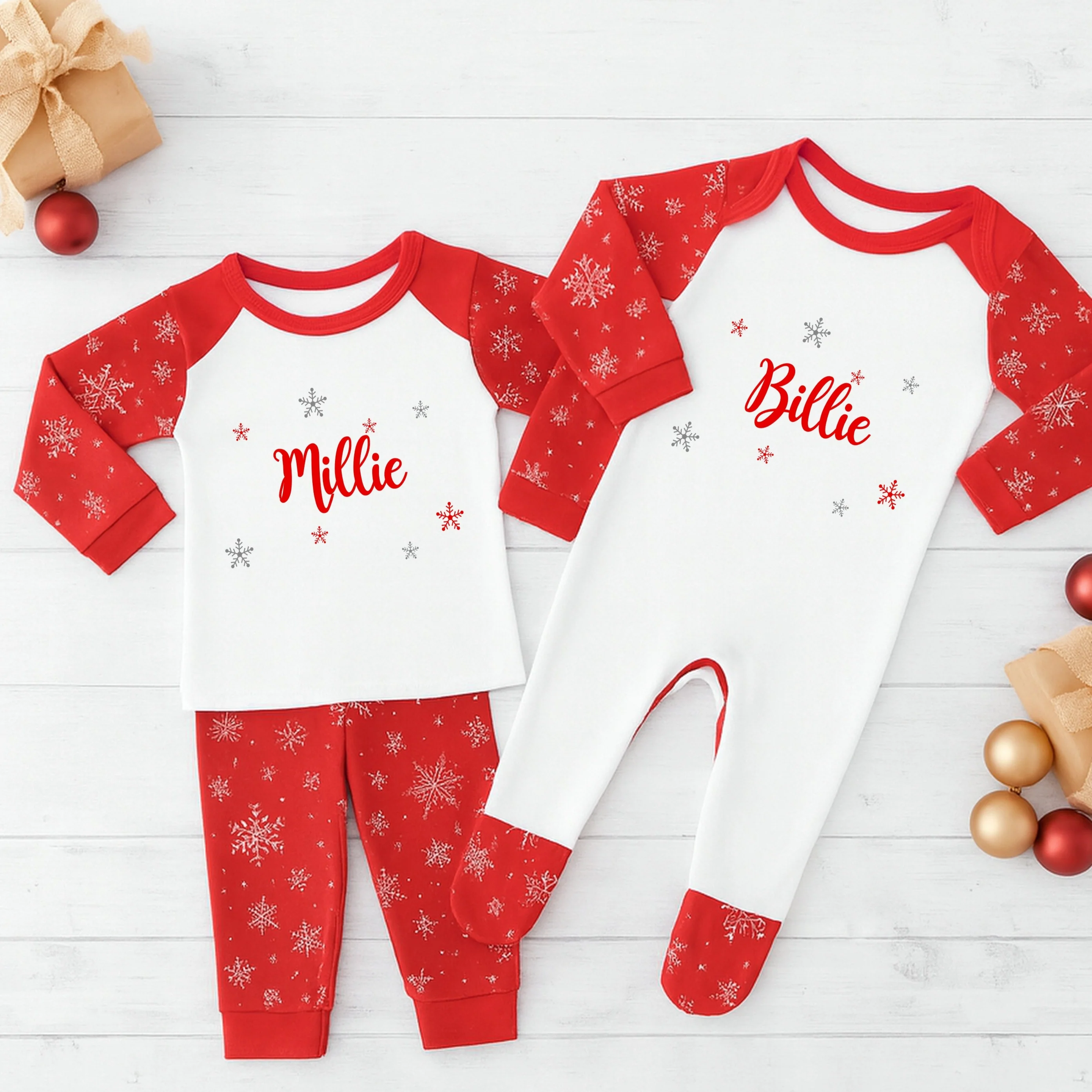 Personalised Snowflake Sibling Matching Christmas Babygrow/Pyjamas