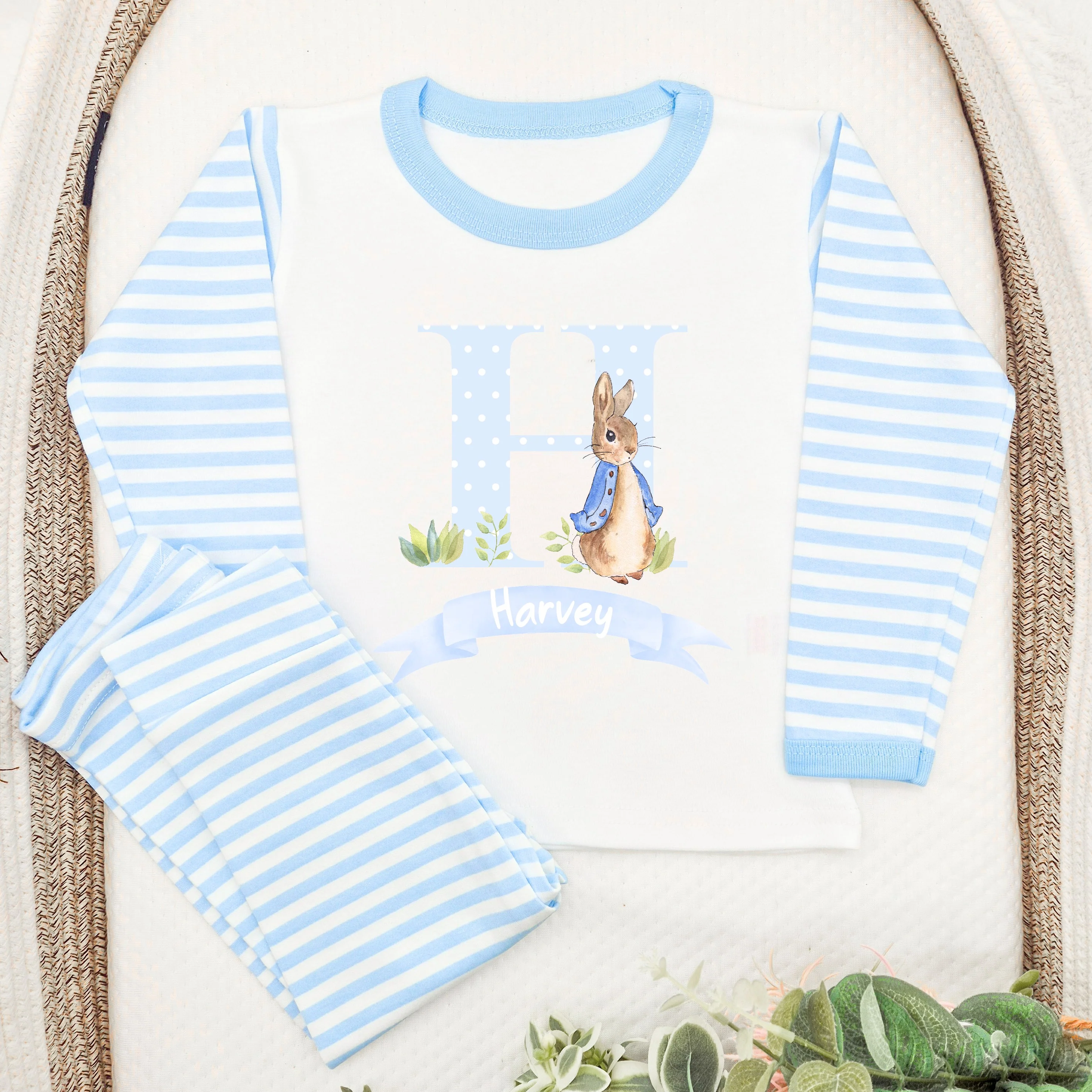 Personalised Spotty Blue Rabbit Blue Stripe Pyjamas