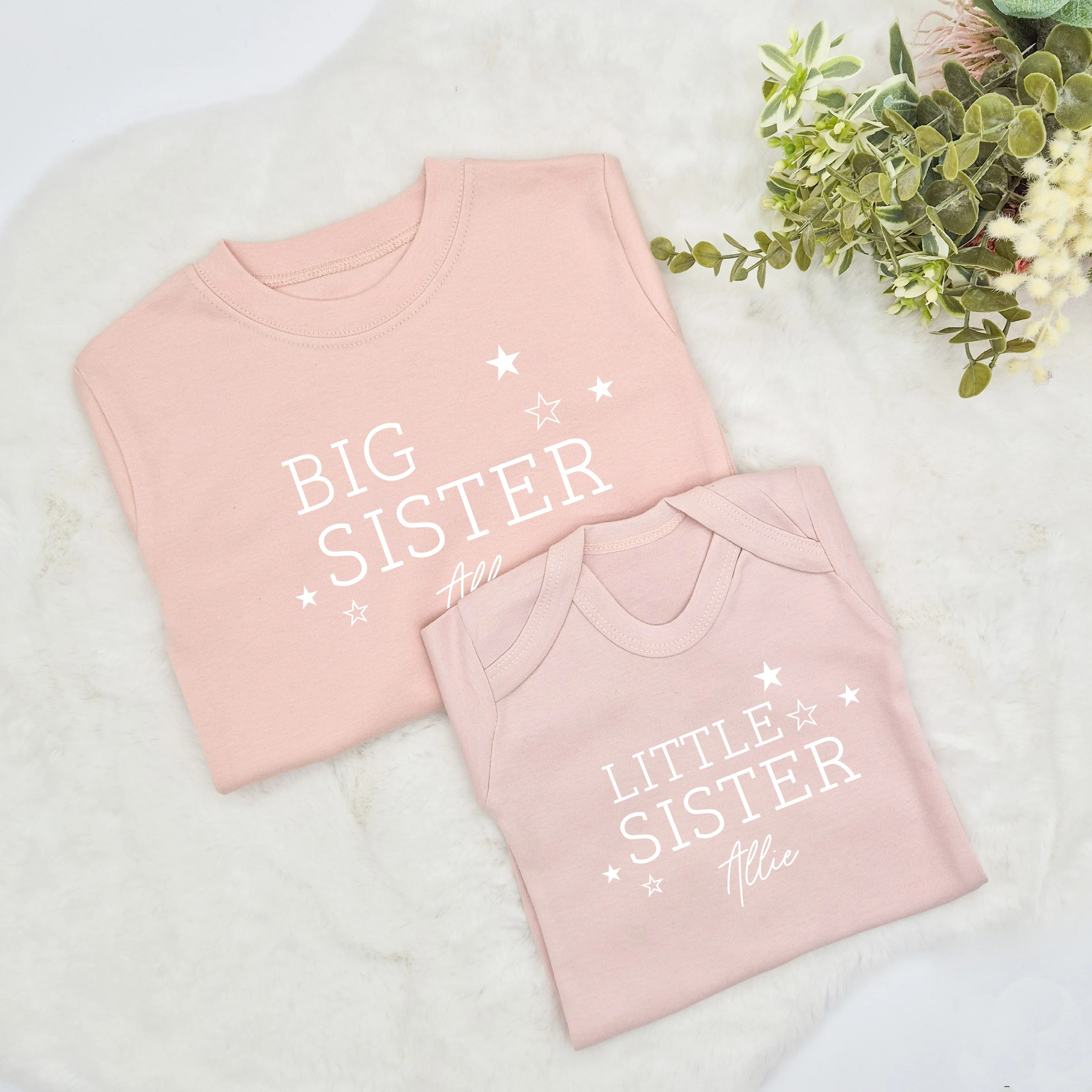 Personalised Stars Sibling Matching Pink Babygrow/T-shirt