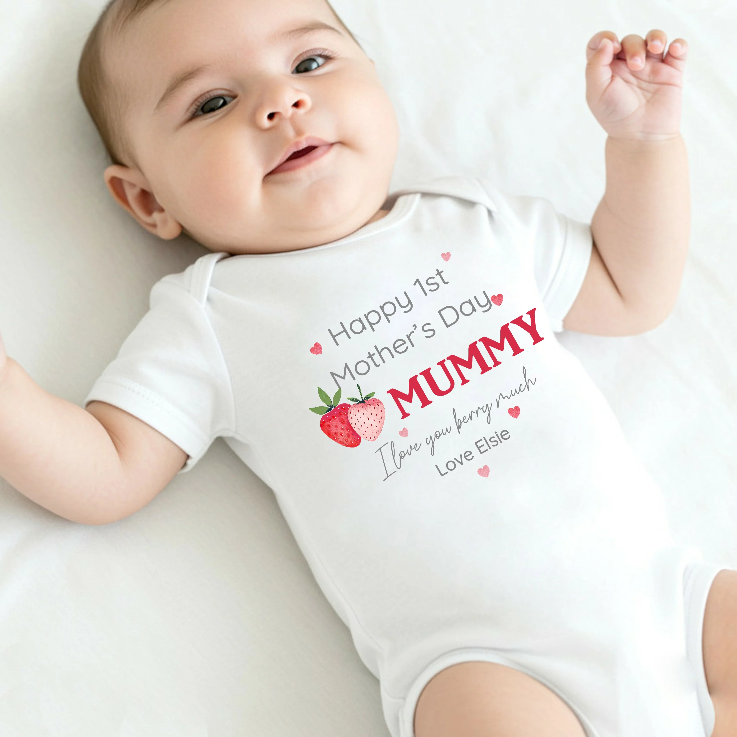 Personalised Strawberry Happy First Mother's Day Baby Grow, Vest or Bib - Image 4