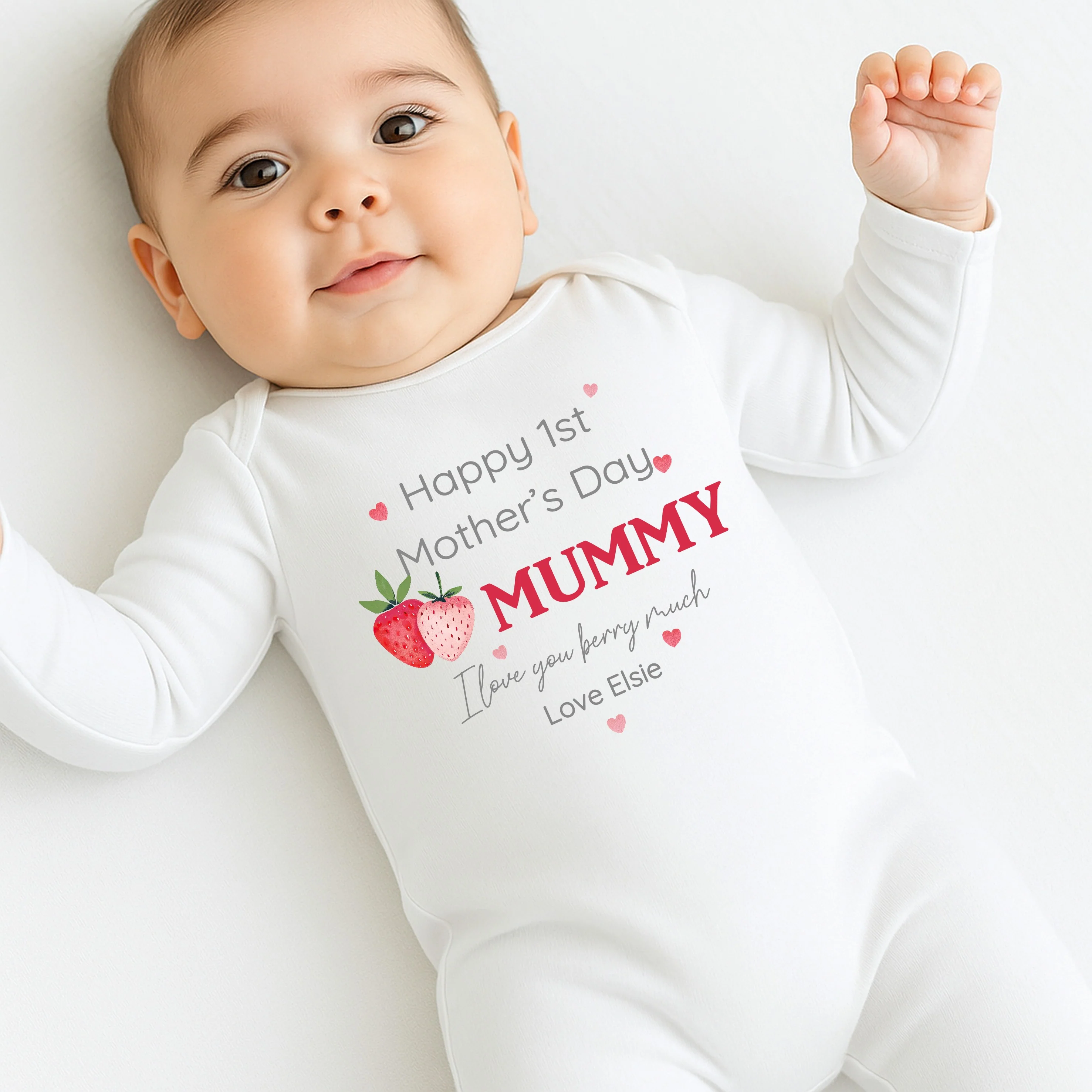 Personalised Strawberry Happy First Mother's Day Baby Grow, Vest or Bib - Image 5