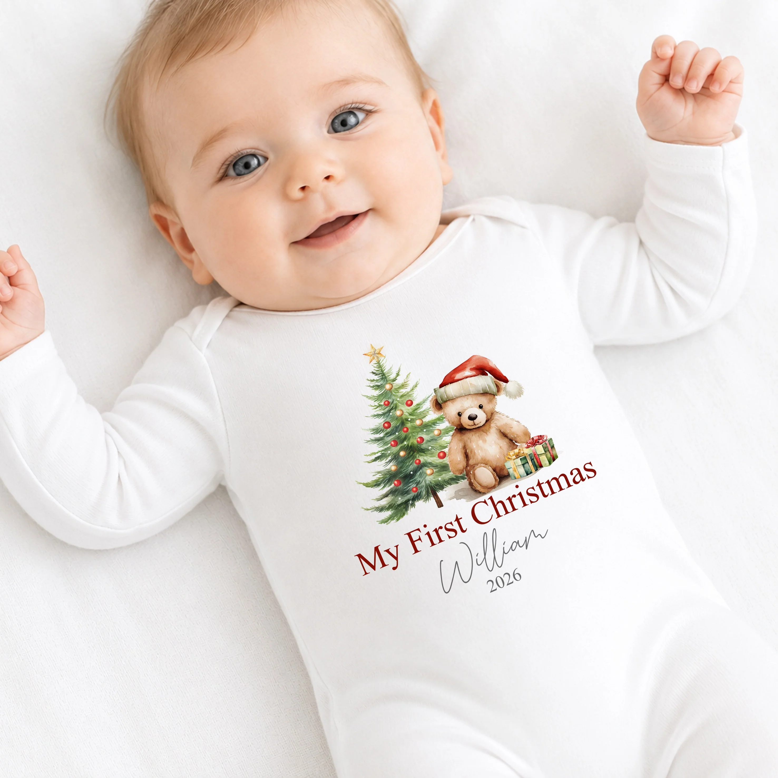 Personalised Teddy Tree My First Christmas Baby Grow, Vest or Bib - Image 4