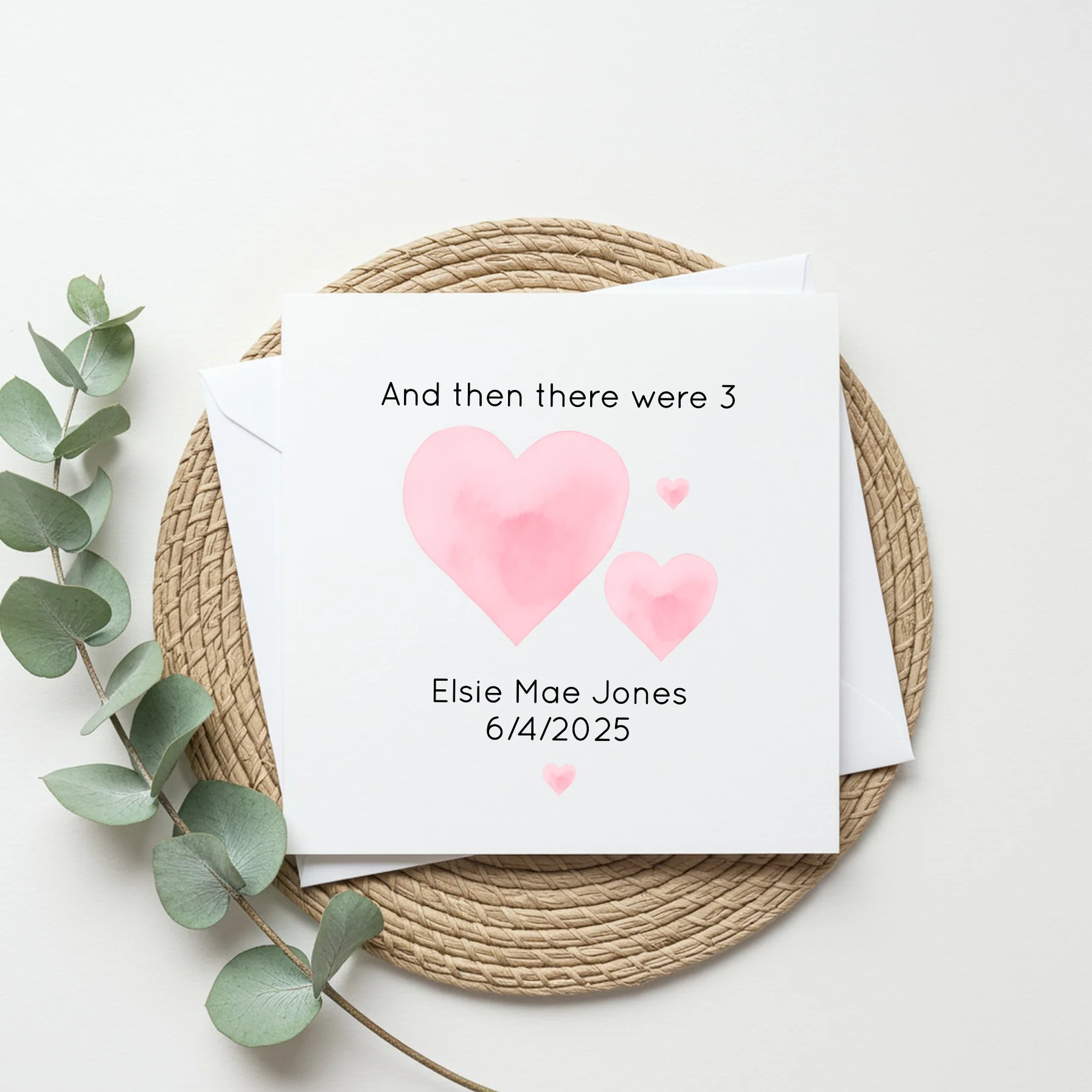 Personalised Then There Were 3 Pink Hearts Baby Shower Card - Image 3