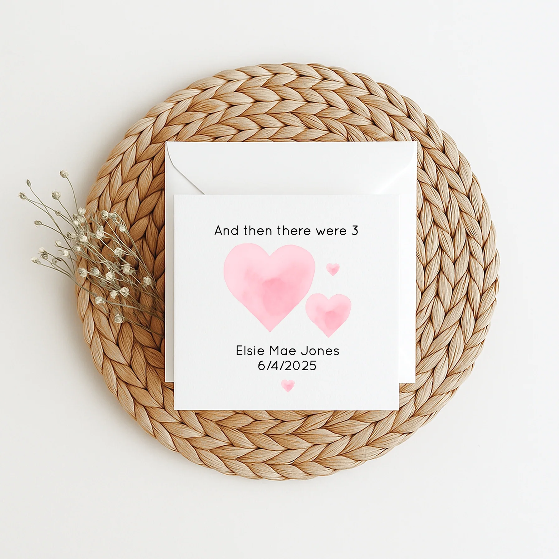 Personalised Then There Were 3 Pink Hearts Baby Shower Card - Image 4