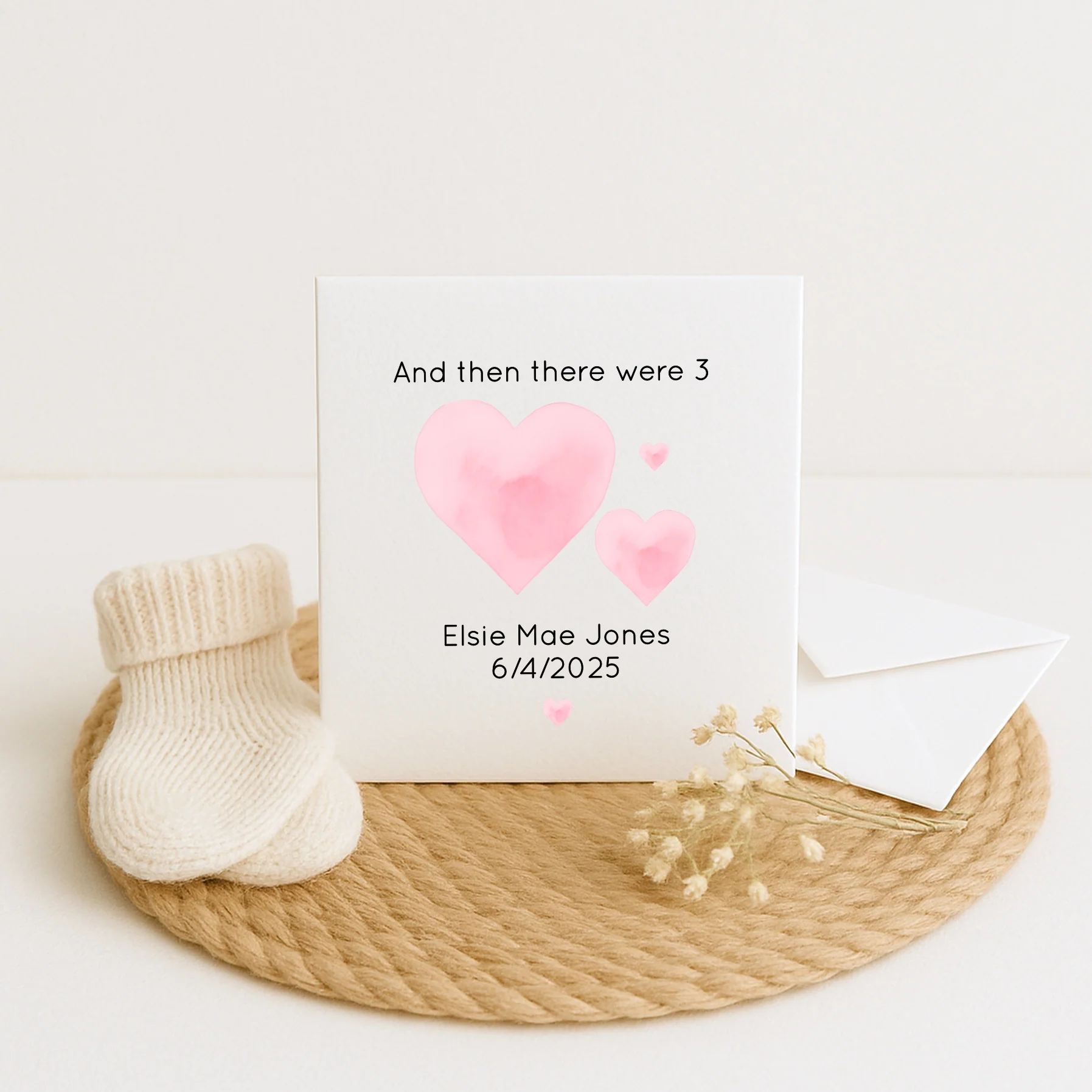 Personalised Then There Were 3 Pink Hearts Baby Shower Card - Image 5