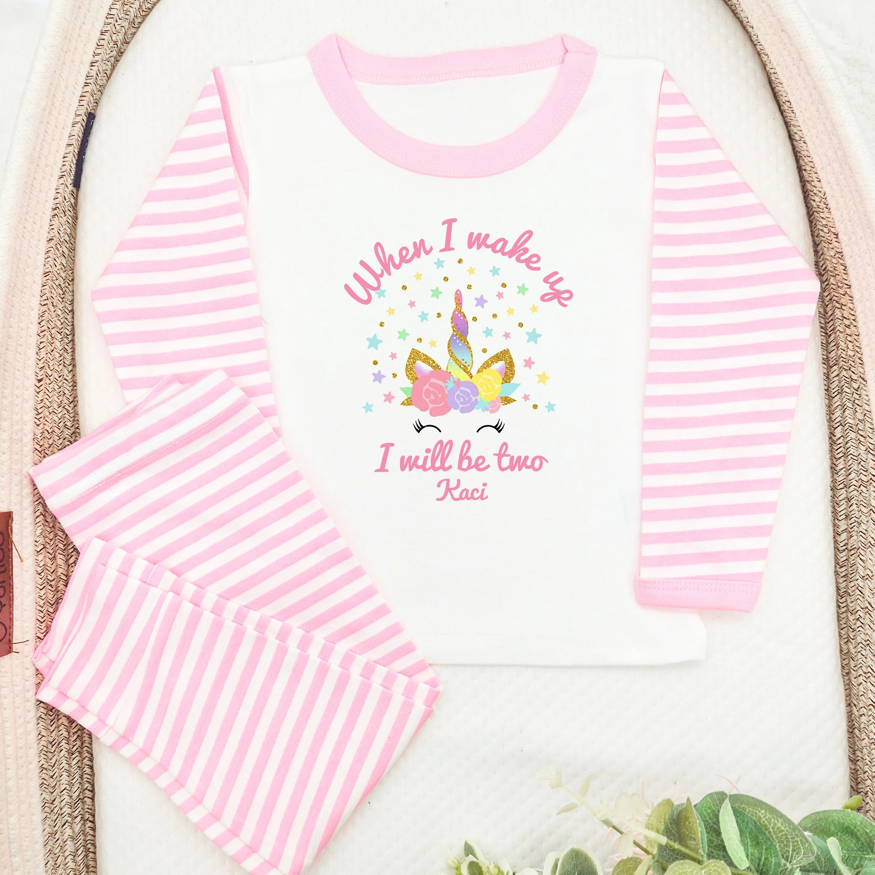 Personalised Unicorn Pink Stripe Second Birthday Pyjamas
