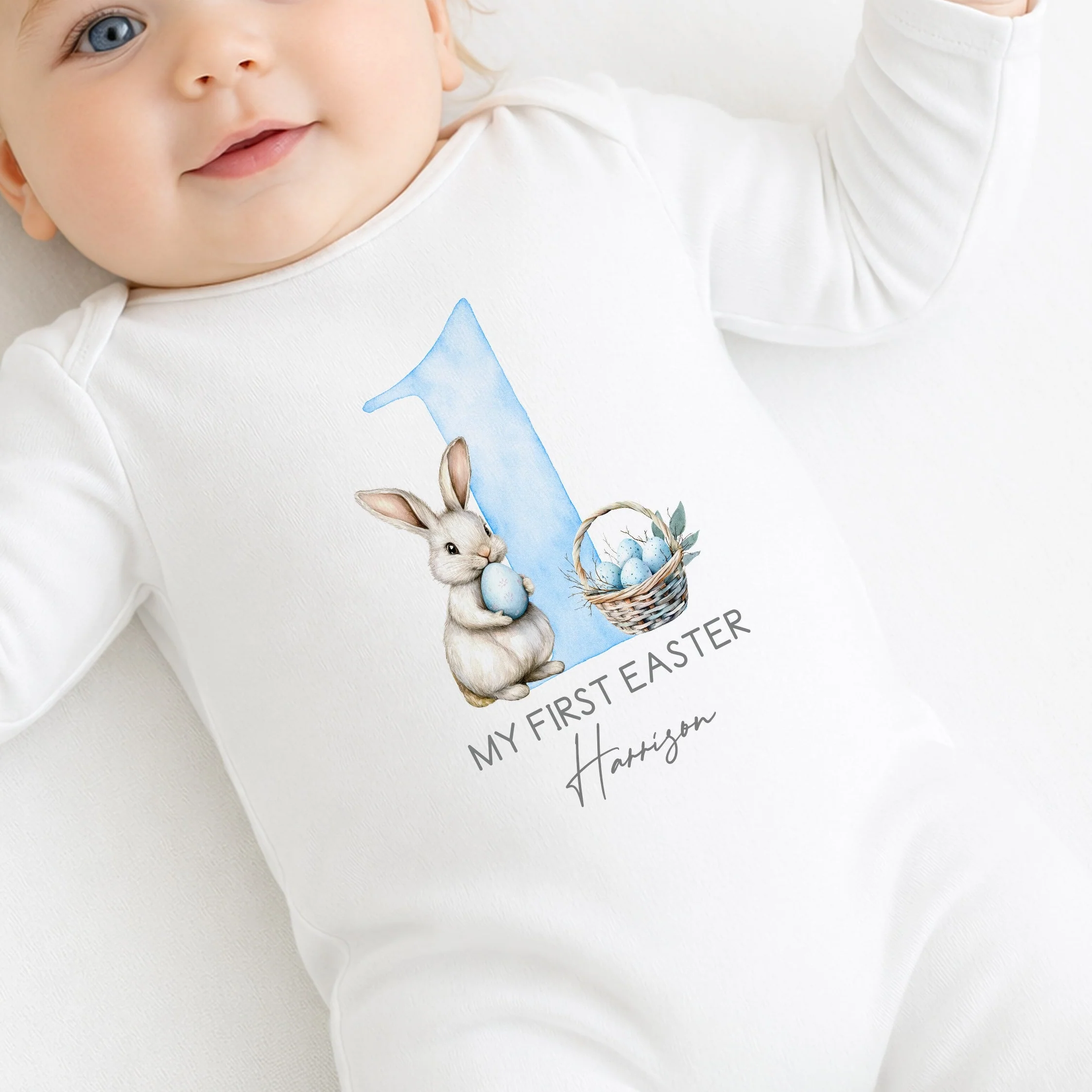 Personalised White Bunny Blue Bow Tie My 1st Easter Baby Grow, Vest or Bib