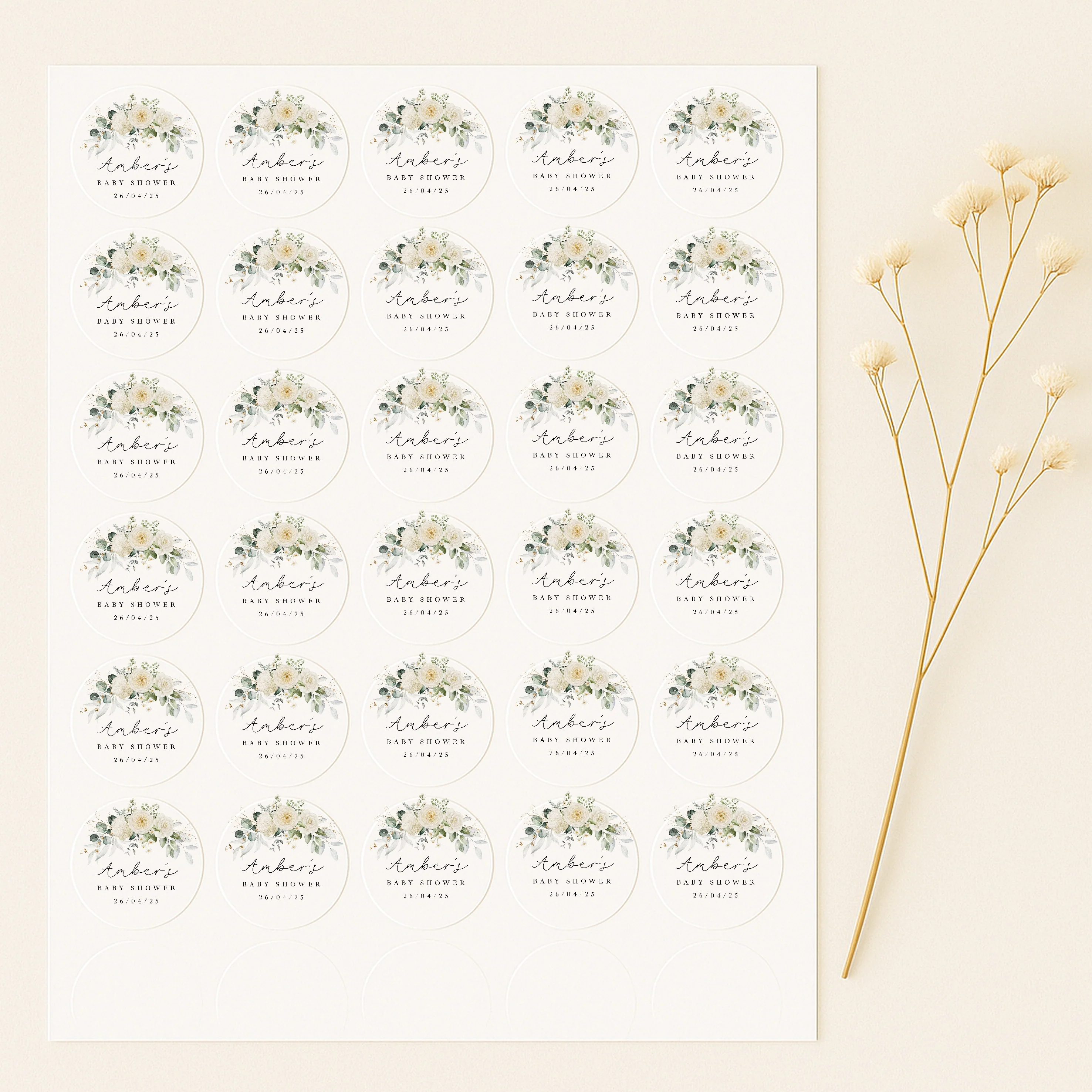 Personalised White Floral Baby Shower Stickers - Image 3