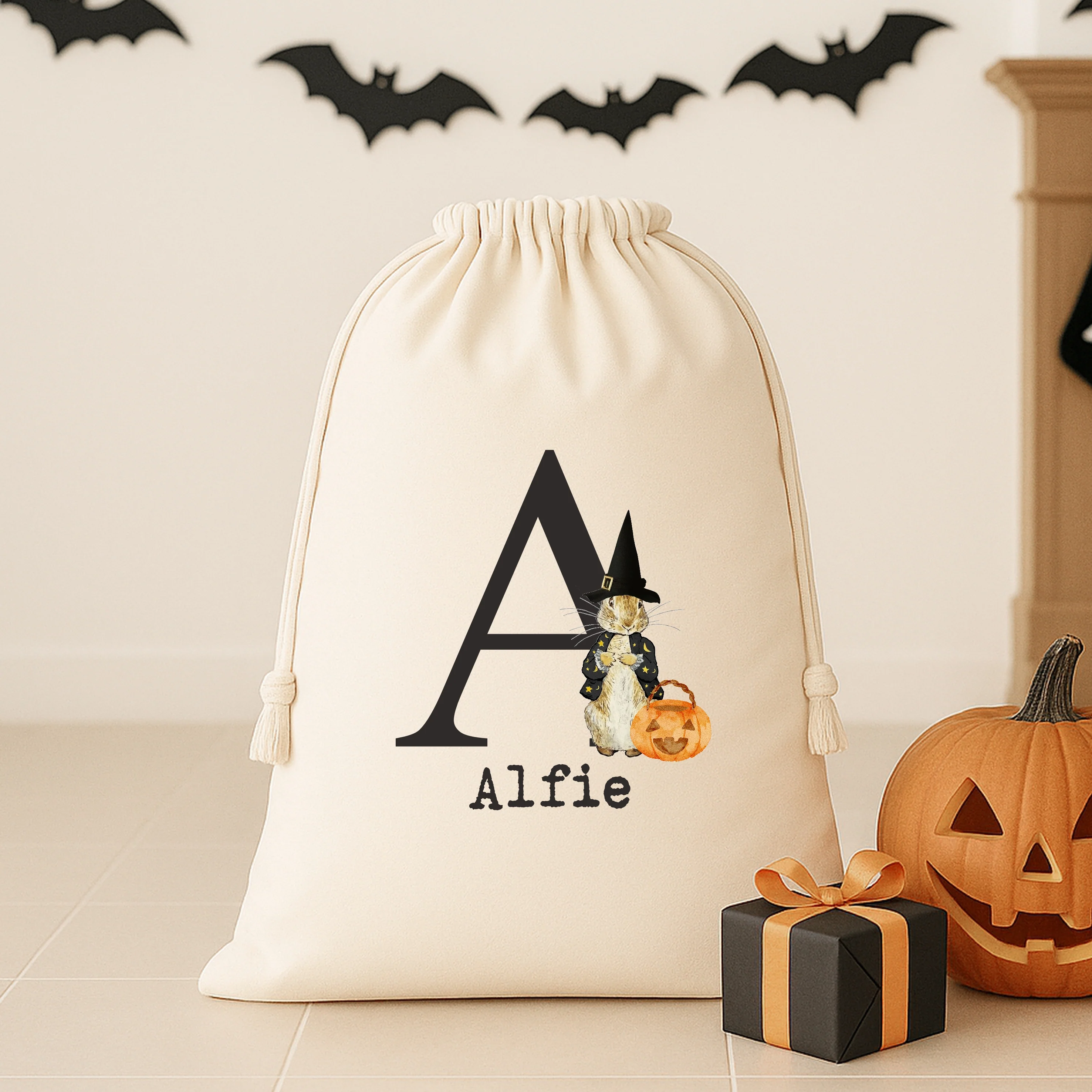Personalised Witch Rabbit Initial Halloween Treat Sack - Image 2