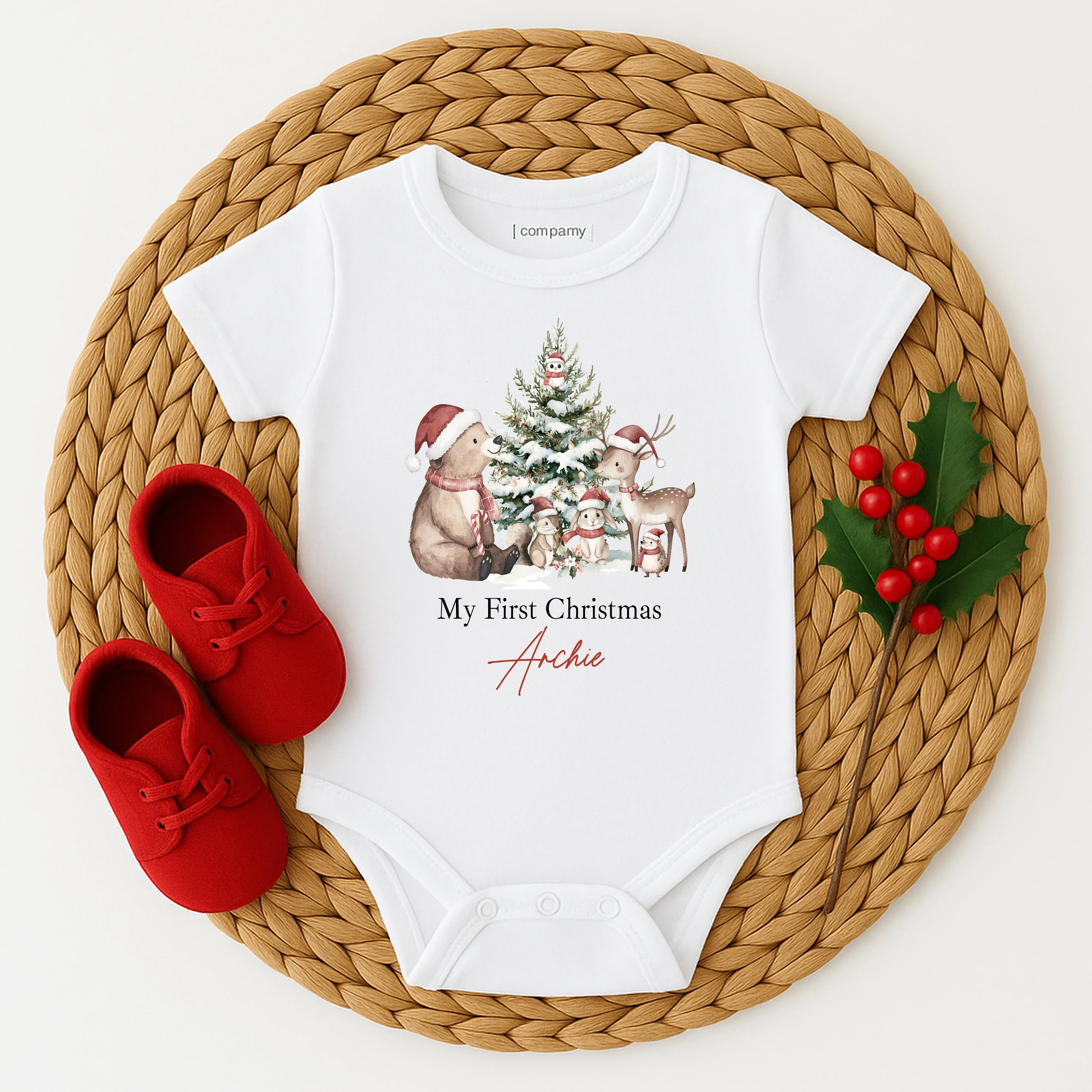 Personalised Woodland Bear First Christmas Baby Grow/Vest/Bib - Image 2
