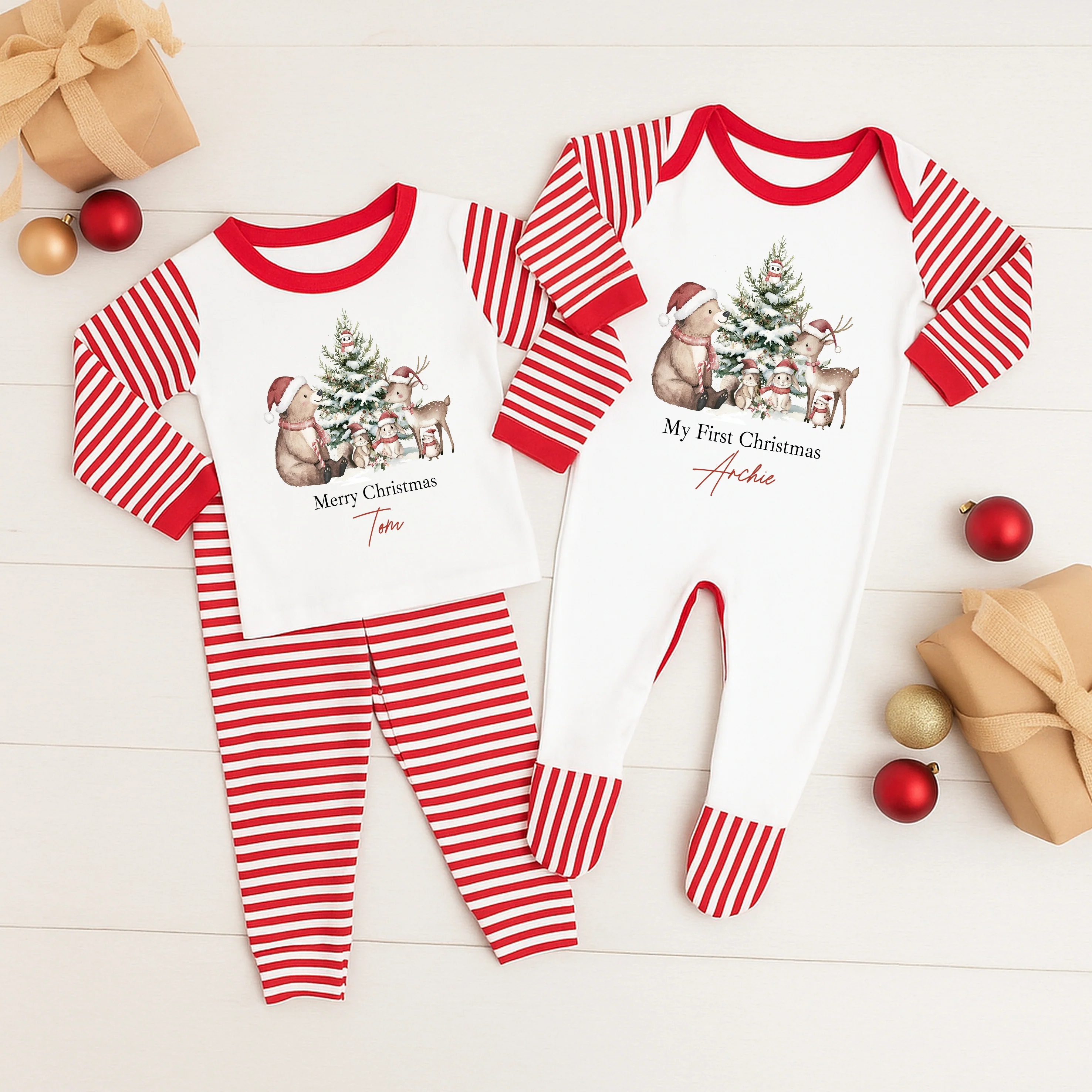 Personalised Woodland Bear Sibling Matching Christmas Babygrow/Pyjamas