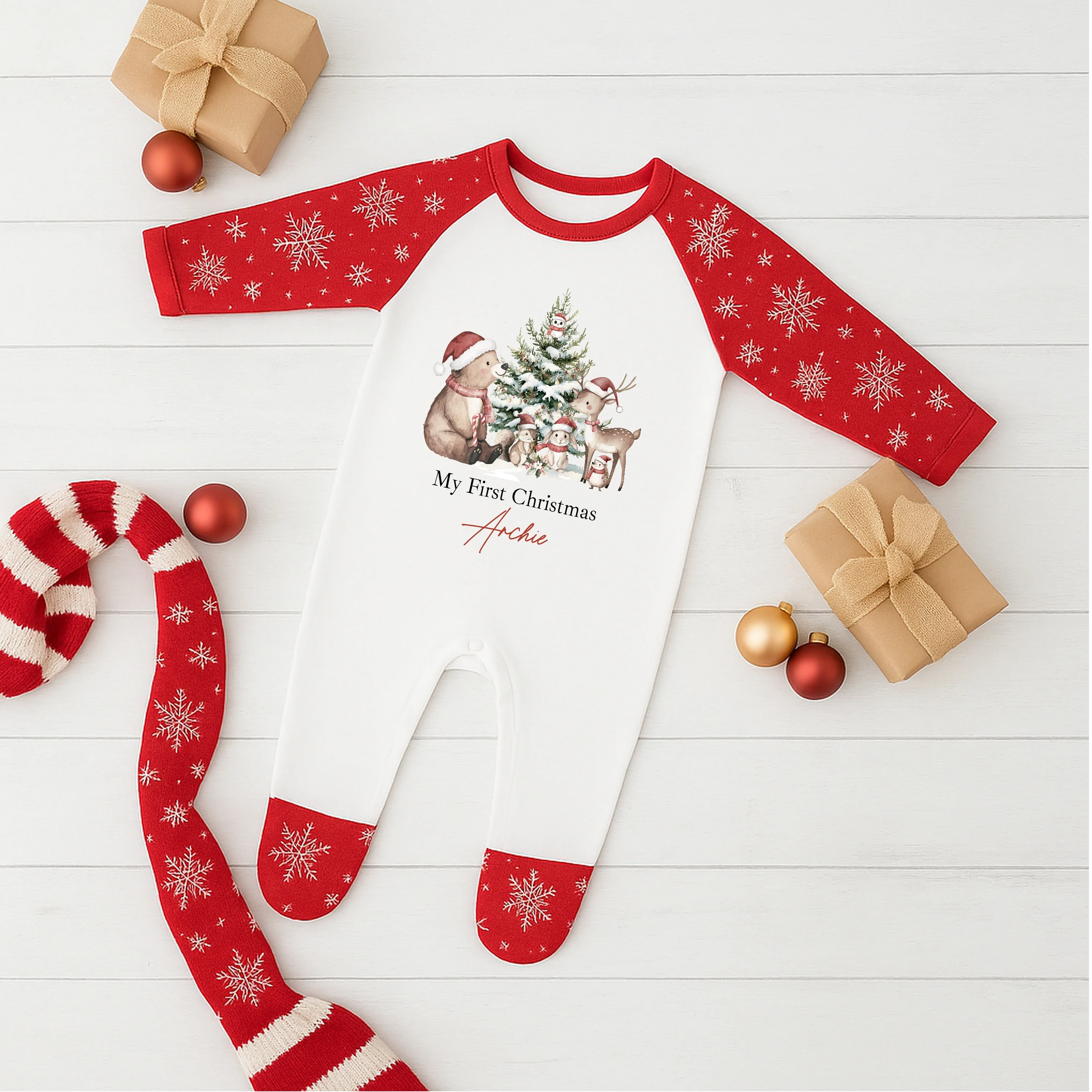 Personalised Woodlands Sibling Matching Snowflake Christmas Babygrow/Pyjamas - Image 2