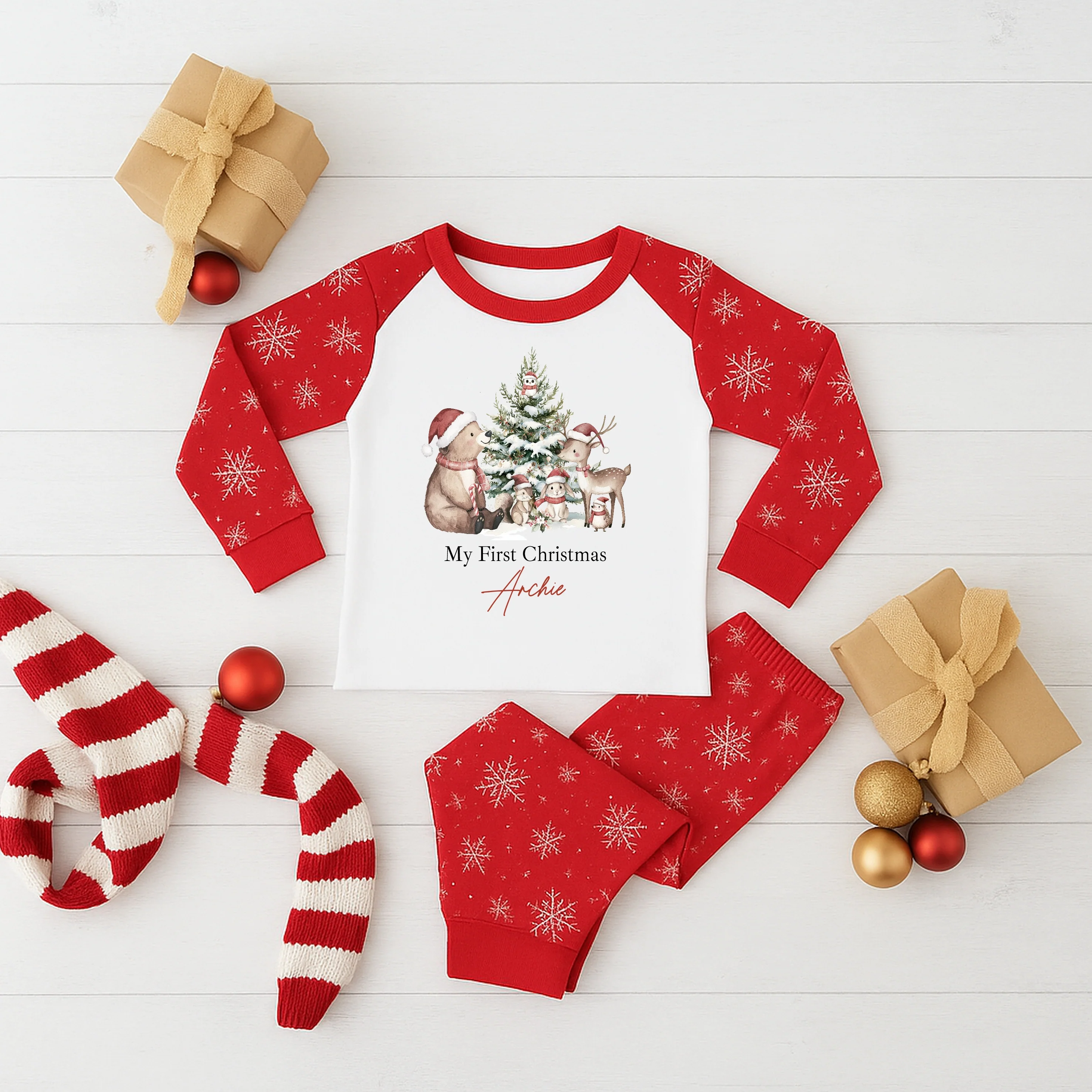 Personalised Woodlands Sibling Matching Snowflake Christmas Babygrow/Pyjamas - Image 3