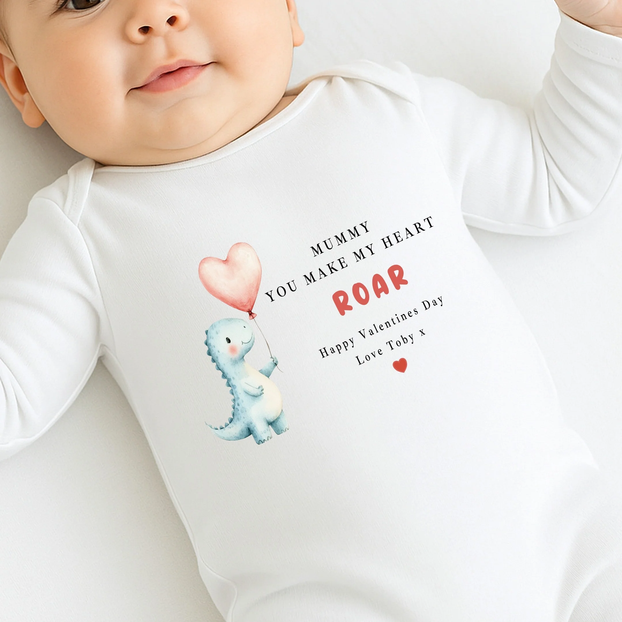 Personalised You Make My Heart Roar Valentines Day Baby Grow, Vest or Bib