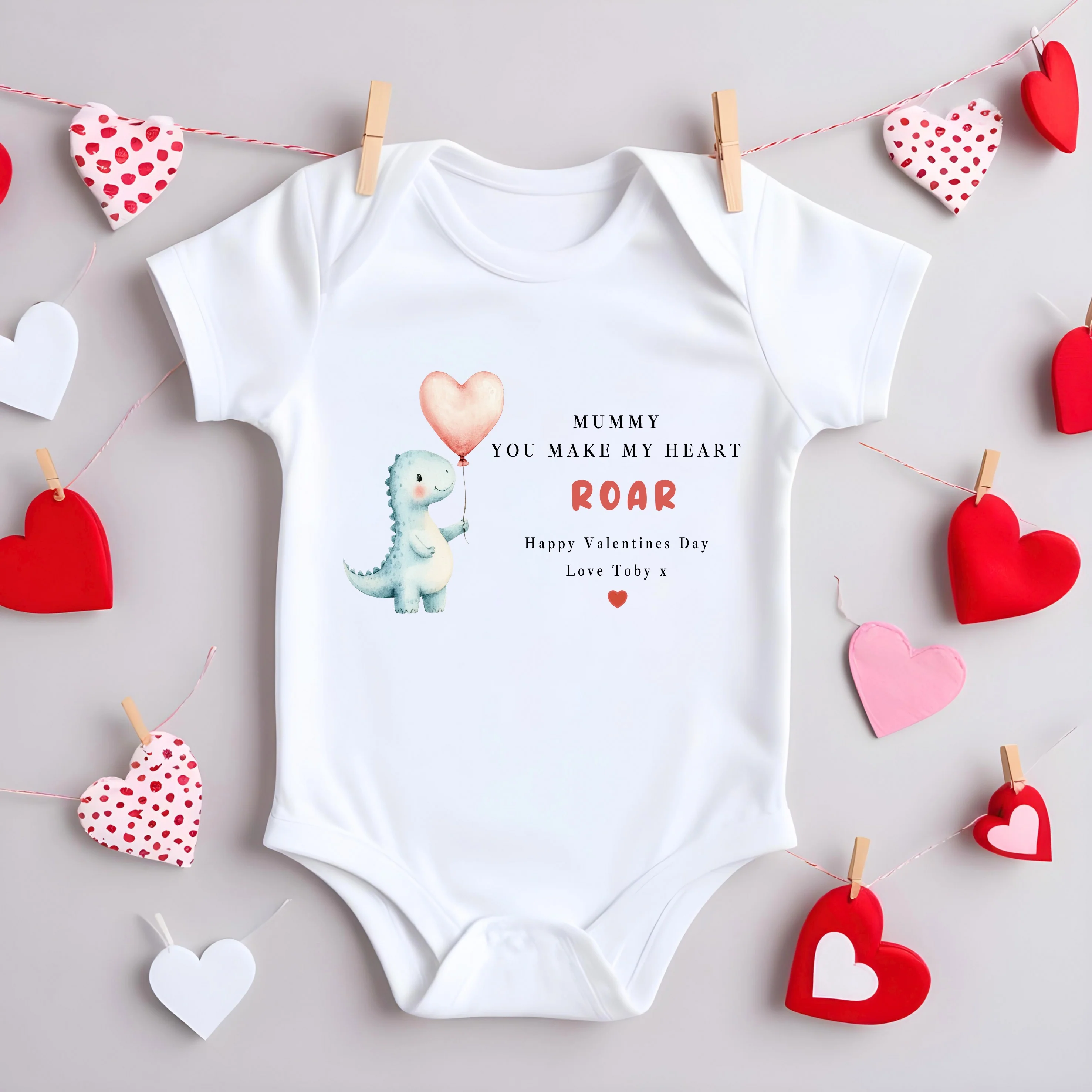 Personalised You Make My Heart Roar Valentines Day Baby Grow, Vest or Bib - Image 2