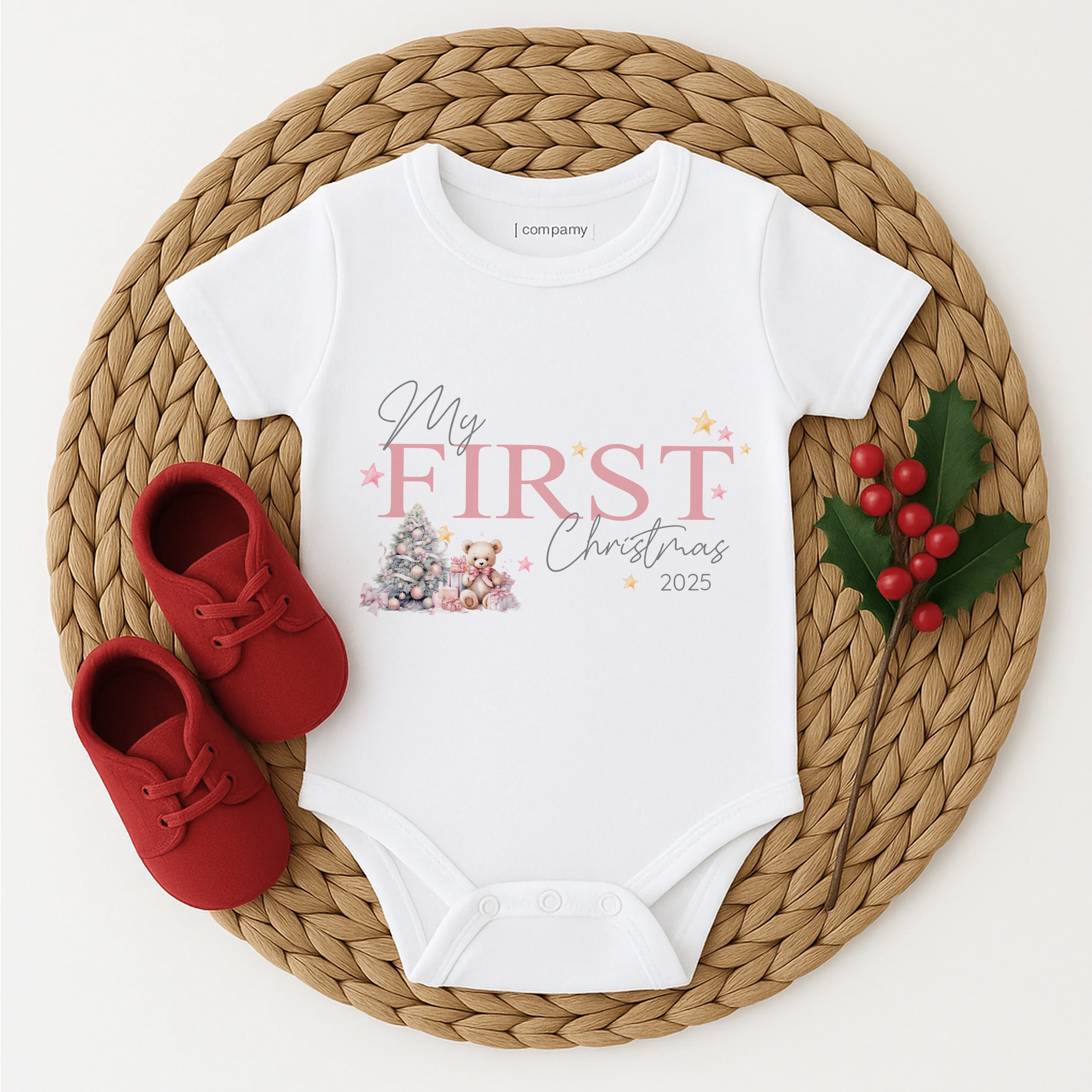 Pink My First Christmas Teddy Baby Grow/Vest/Bib - Image 3