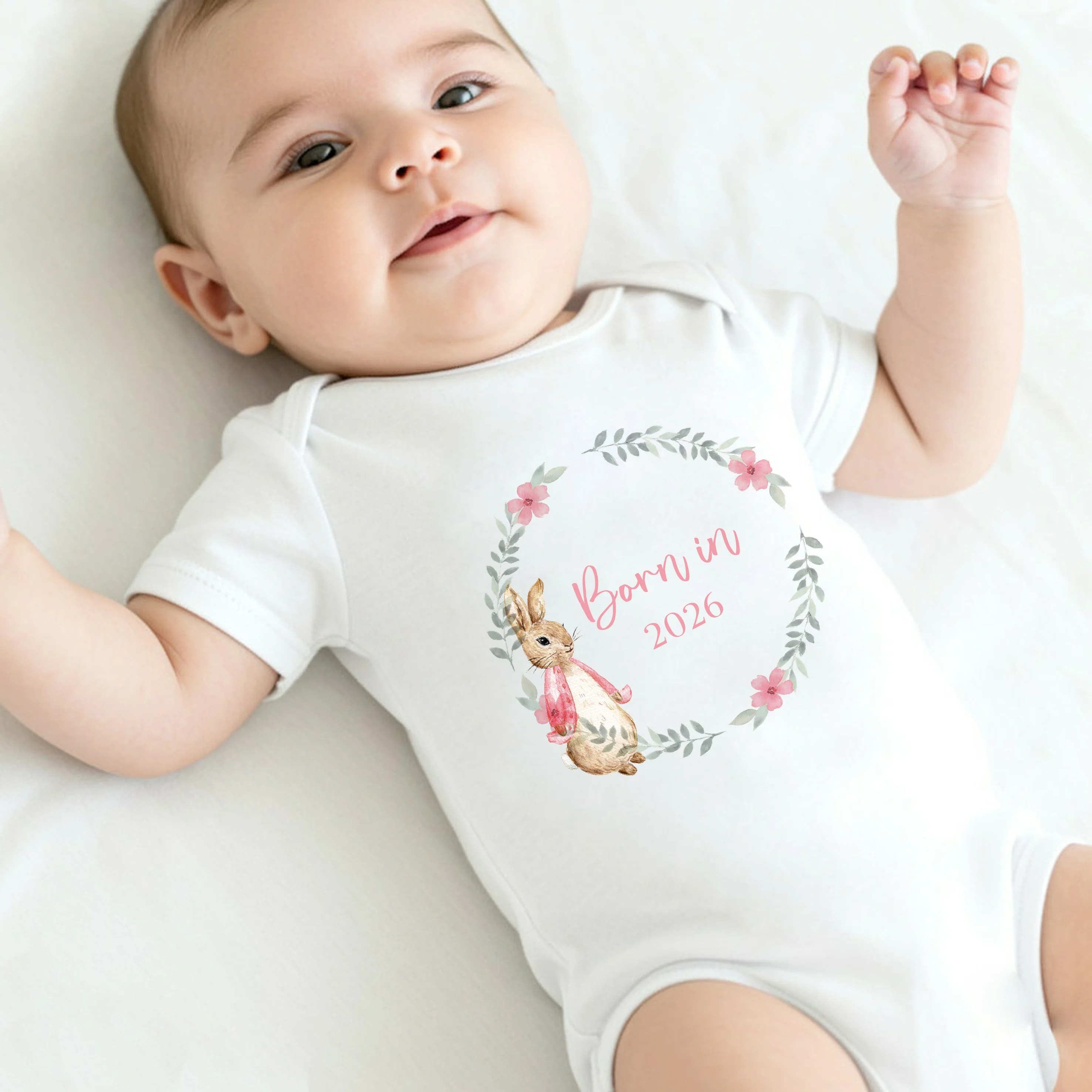 Pink Rabbit Wreath Born in 2026 Baby Grow, Vest or Bib - Image 2