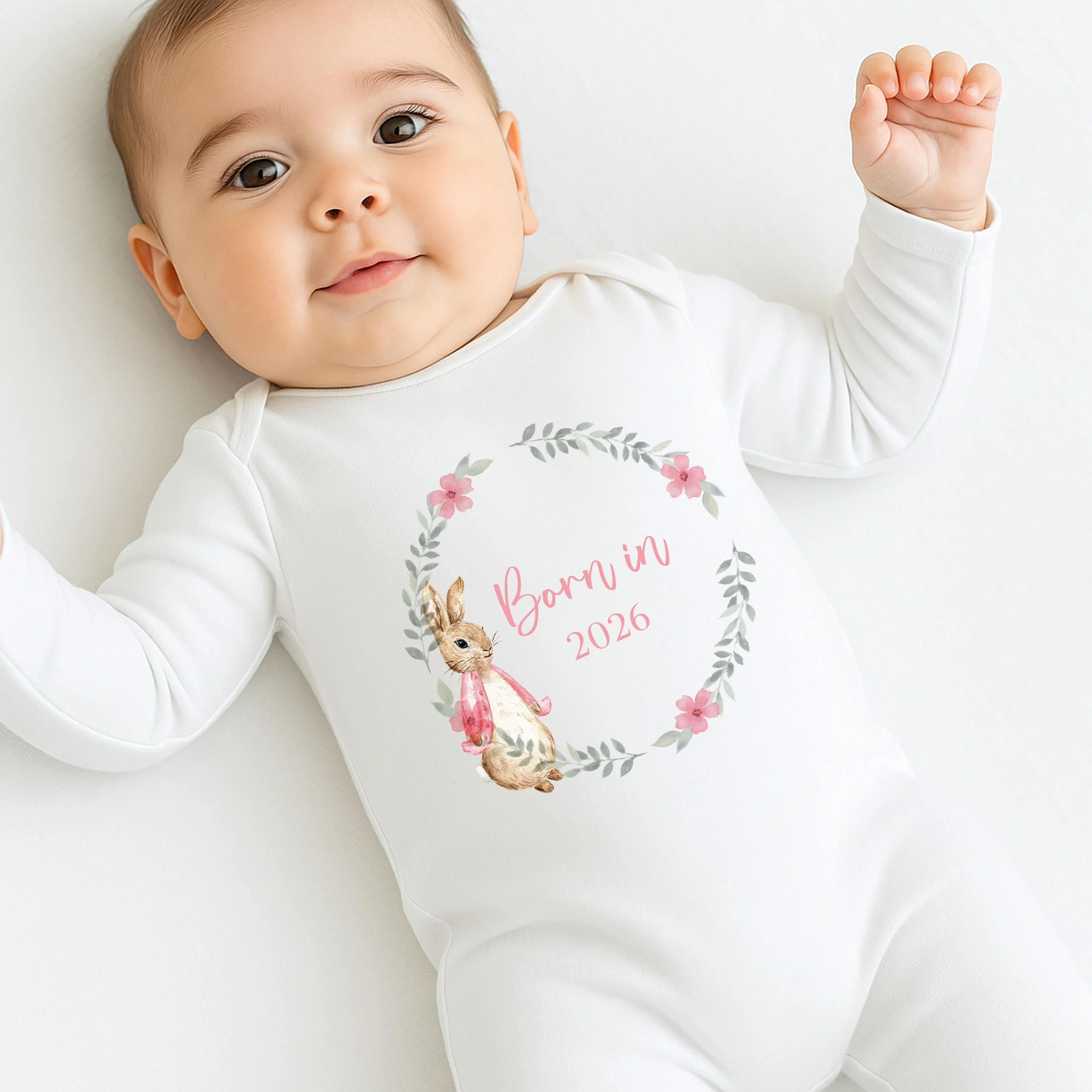 Pink Rabbit Wreath Born in 2026 Baby Grow, Vest or Bib - Image 3