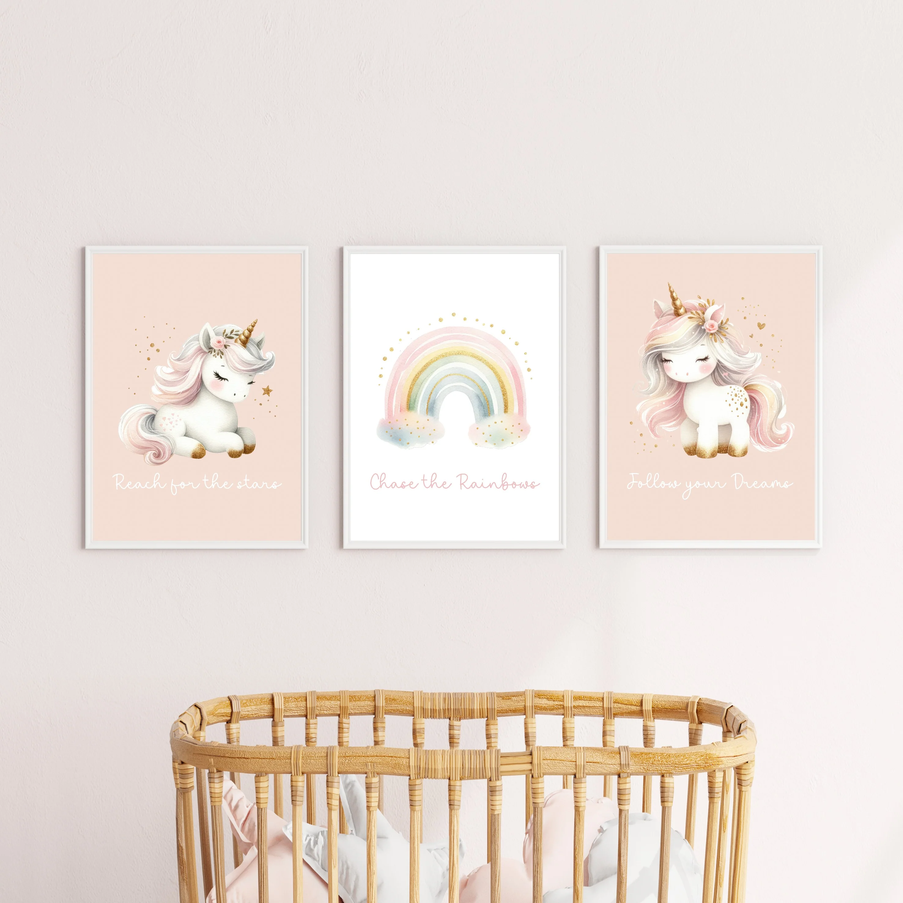 Pink Unicorn and Rainbow Set of 3 Wall Art