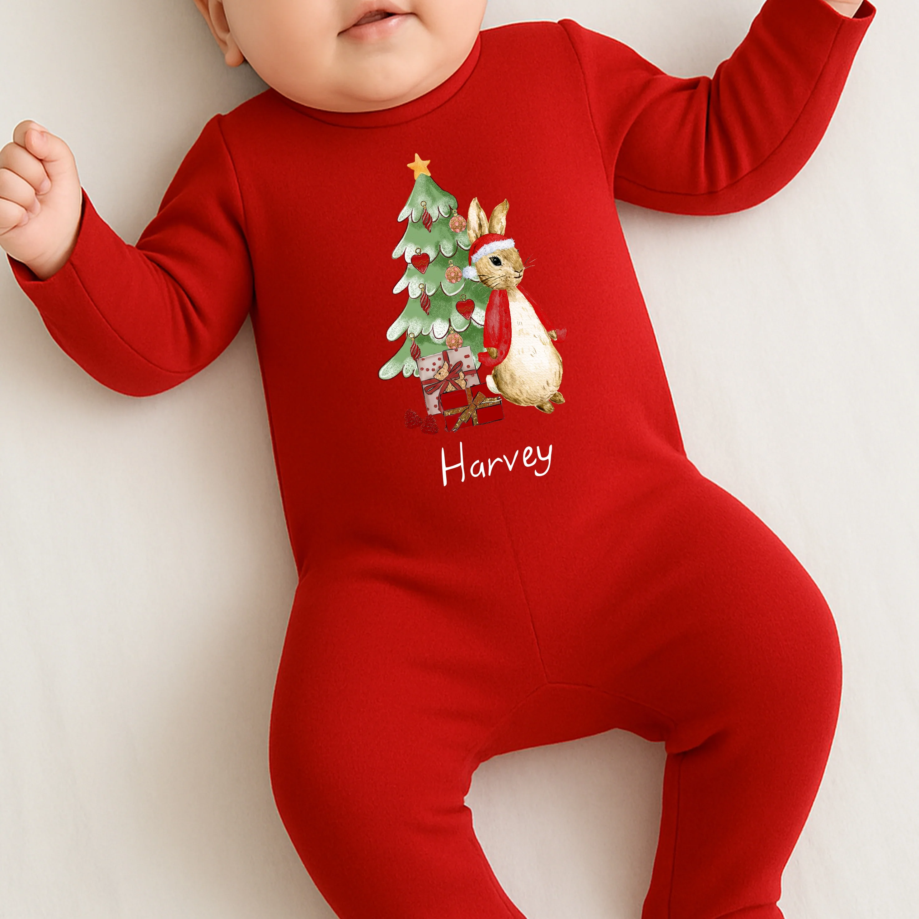 Red Rabbit Christmas Tree Personalised Red Baby Grow