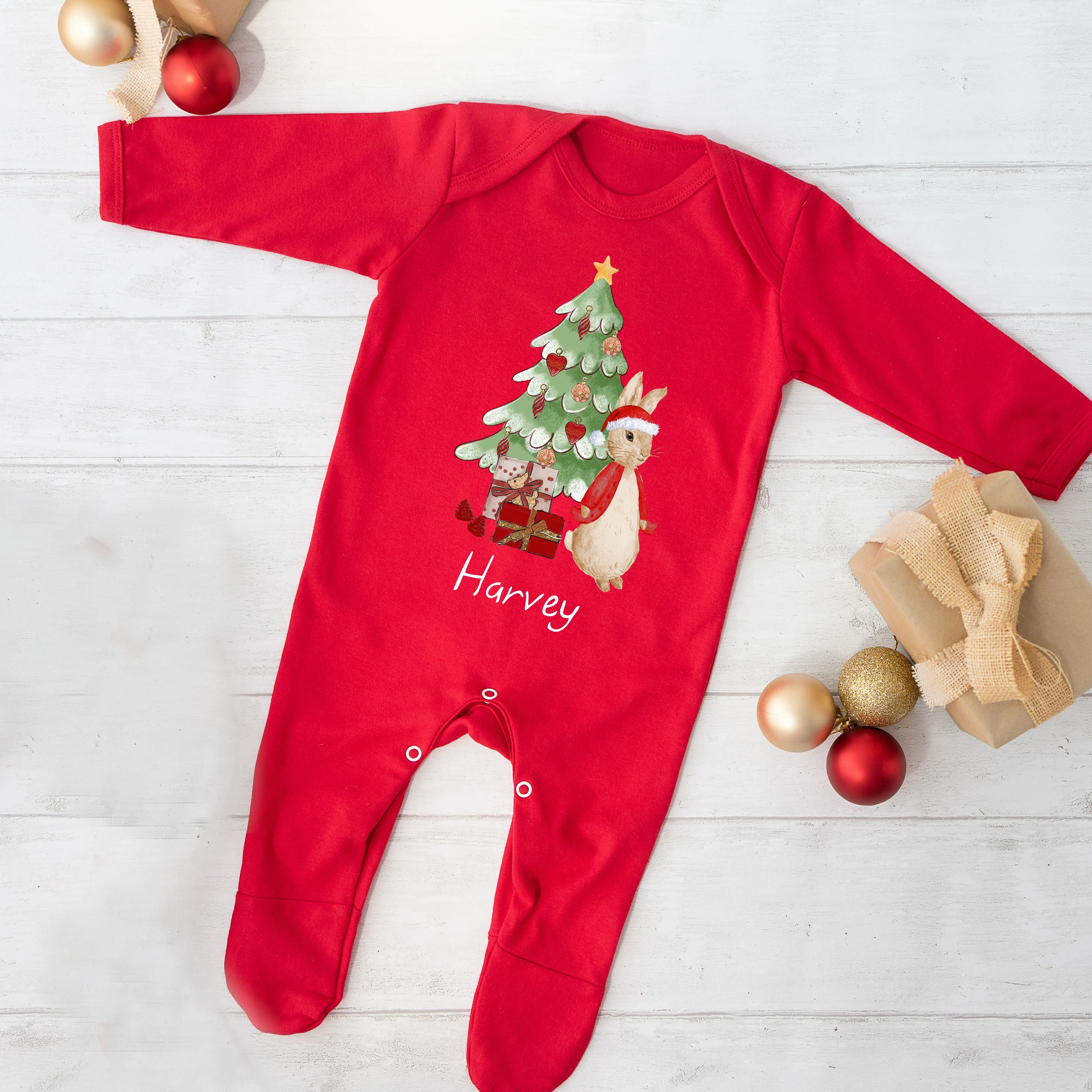 Red Rabbit Christmas Tree Personalised Red Baby Grow - Image 2