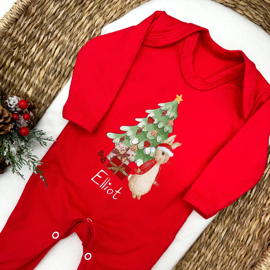 Red Rabbit Christmas Tree Personalised Red Baby Grow - Image 3