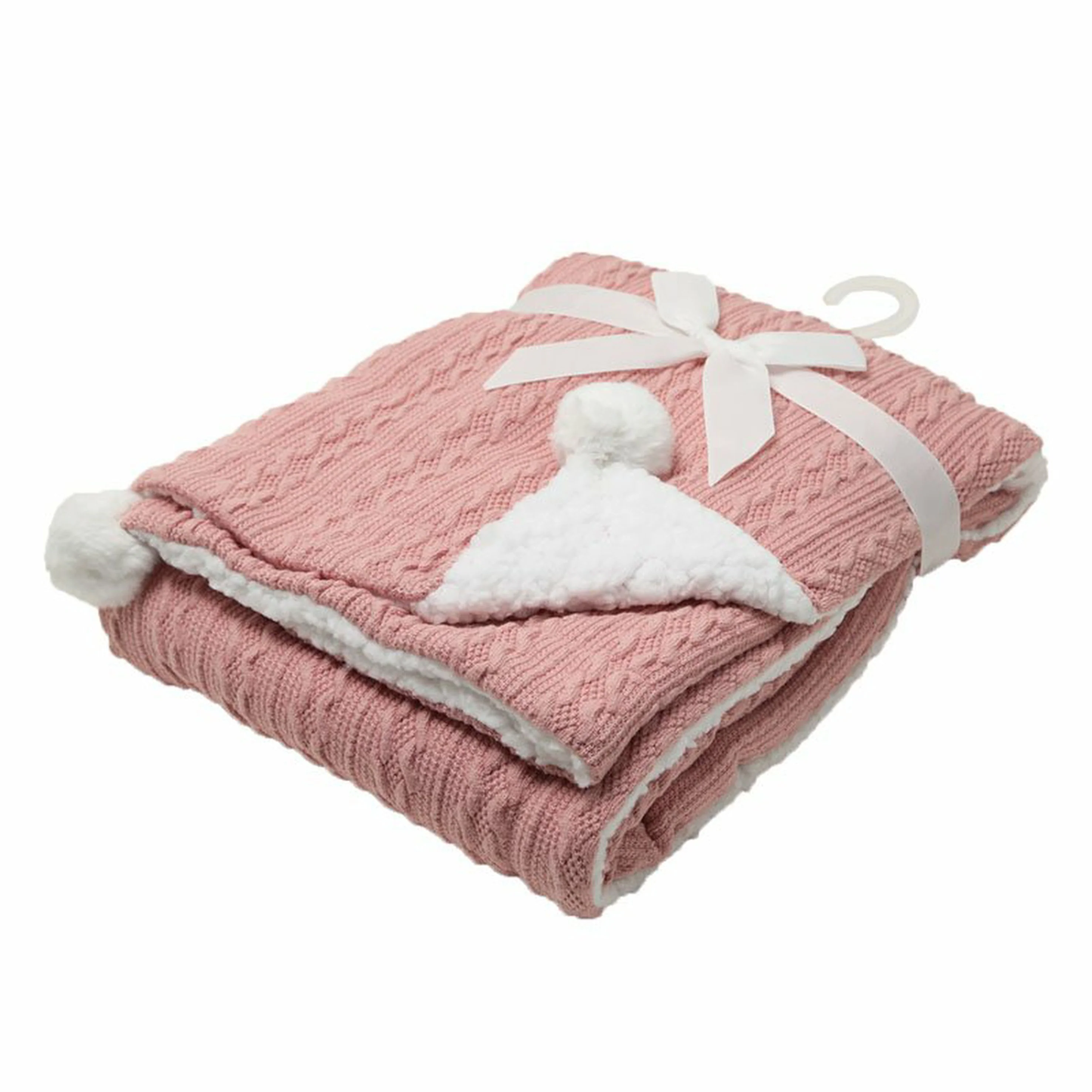 Rose Gold Cable Knit Blanket W/ Pom Pom