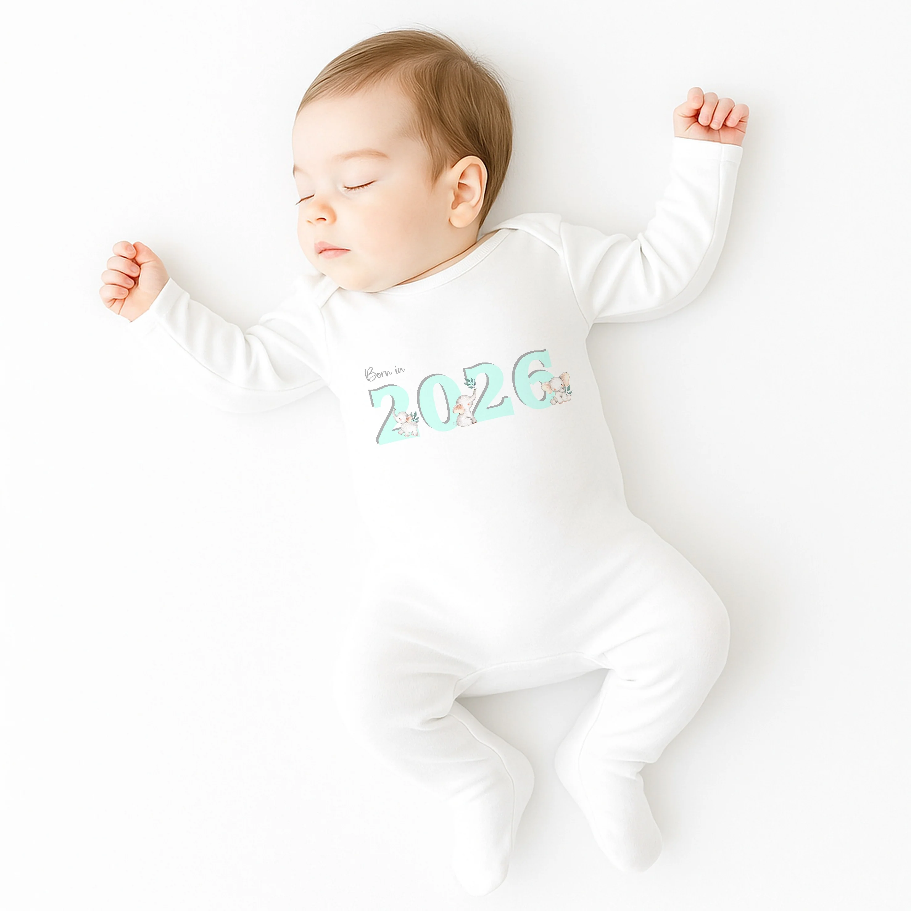 Turquoise Elephant Born in 2026 Baby Grow, Vest or Bib - Image 2