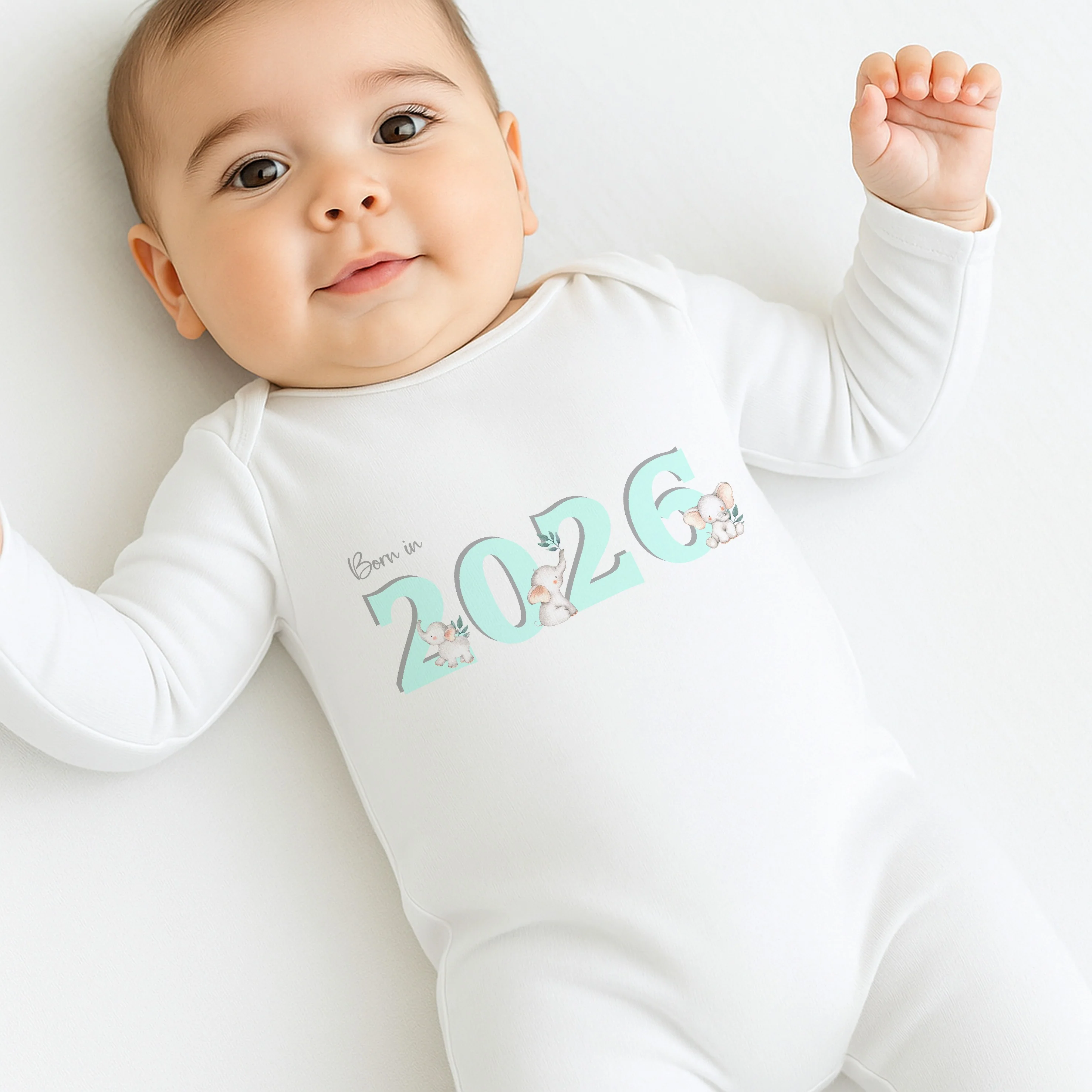 Turquoise Elephant Born in 2026 Baby Grow, Vest or Bib - Image 3
