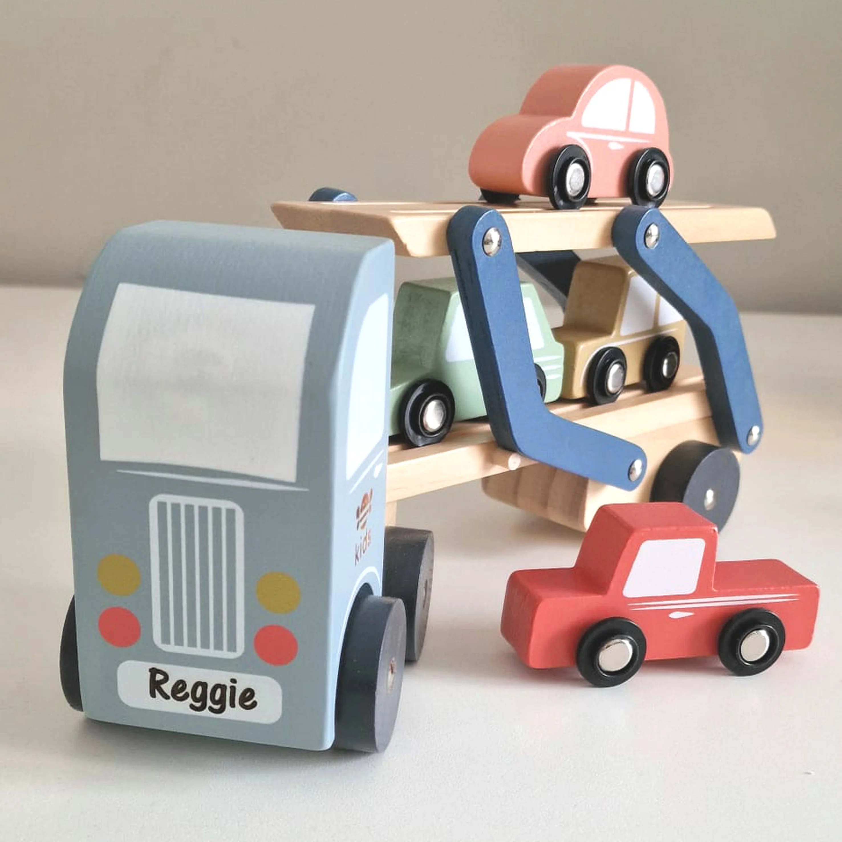 Wooden Car Transport Truck Engraved Toy Set - Image 3